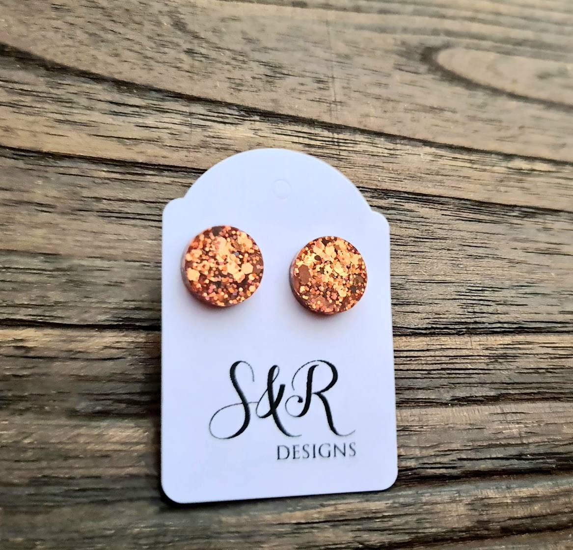 Circle Dot Resin Stud Earrings, Rose Gold Copper Glitter Handmade Earrings. Stainless Steel Stud Earrings. 15mm, 12mm, 10mm or 8mm