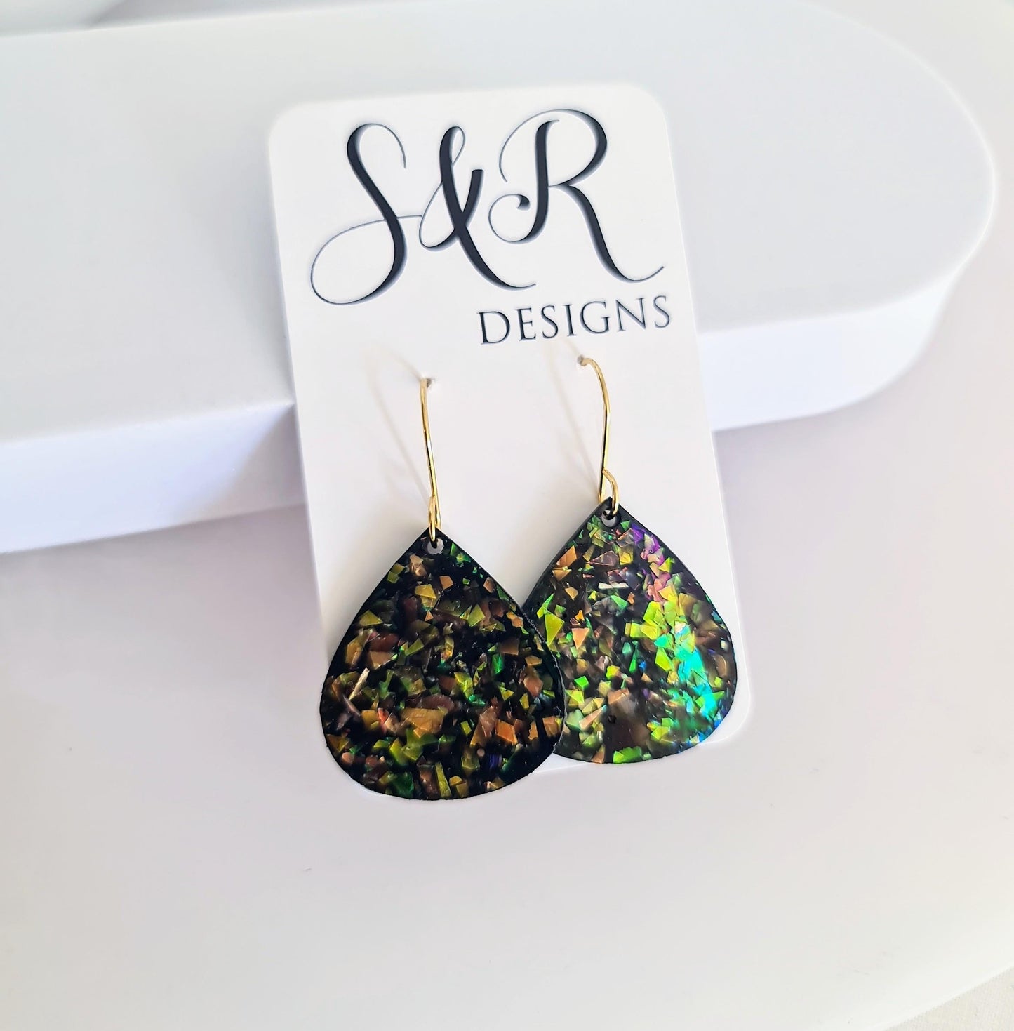Multicoloured Teardrop Dangles, Holographic Teardrop Earwire Earrings, Glitter Changing with Holographic Design, Hypoallergenic Earrings