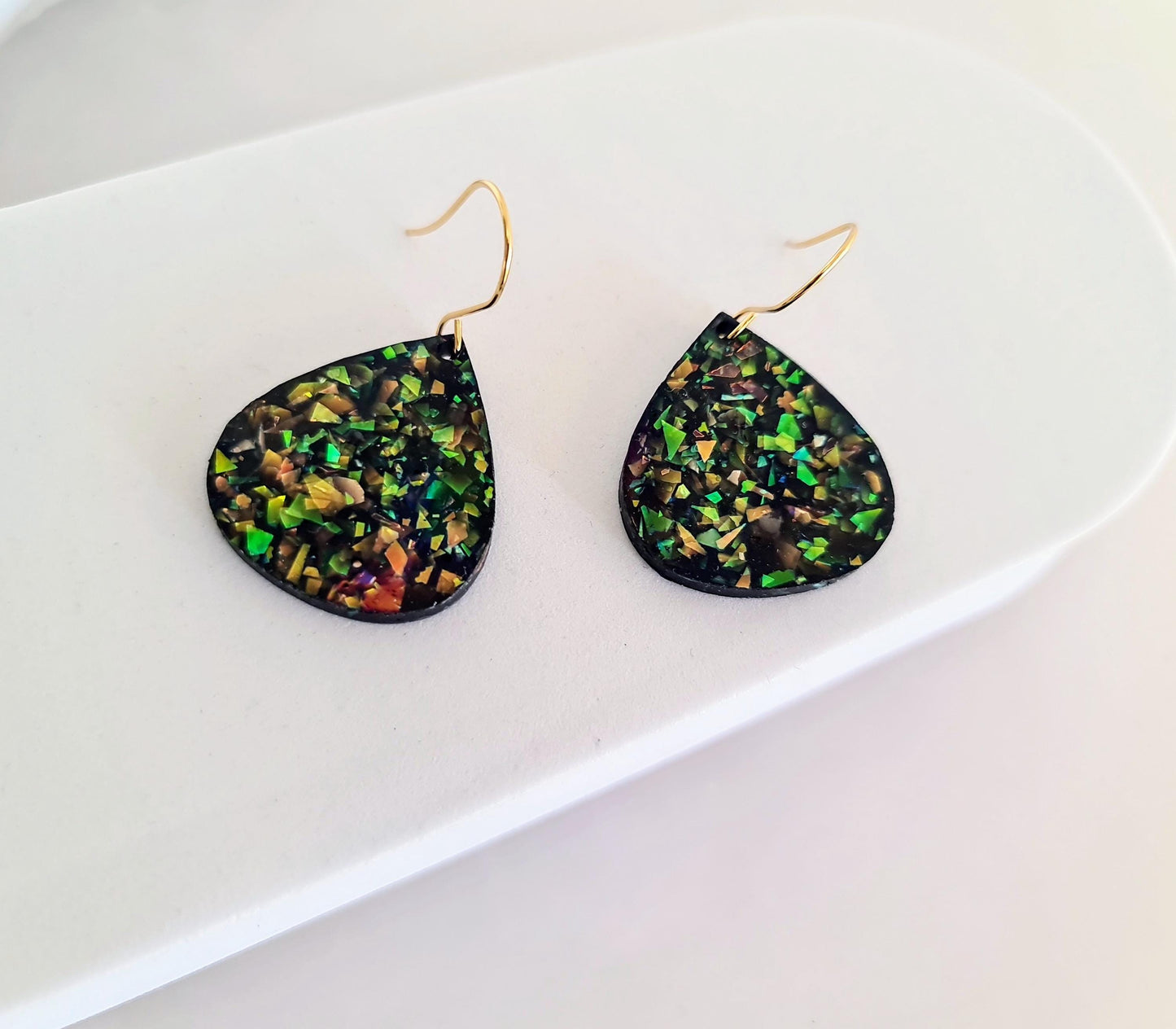 Multicoloured Teardrop Dangles, Holographic Teardrop Earwire Earrings, Glitter Changing with Holographic Design, Hypoallergenic Earrings