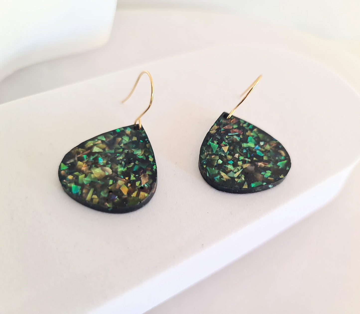 Multicoloured Teardrop Dangles, Holographic Teardrop Earwire Earrings, Glitter Changing with Holographic Design, Hypoallergenic Earrings