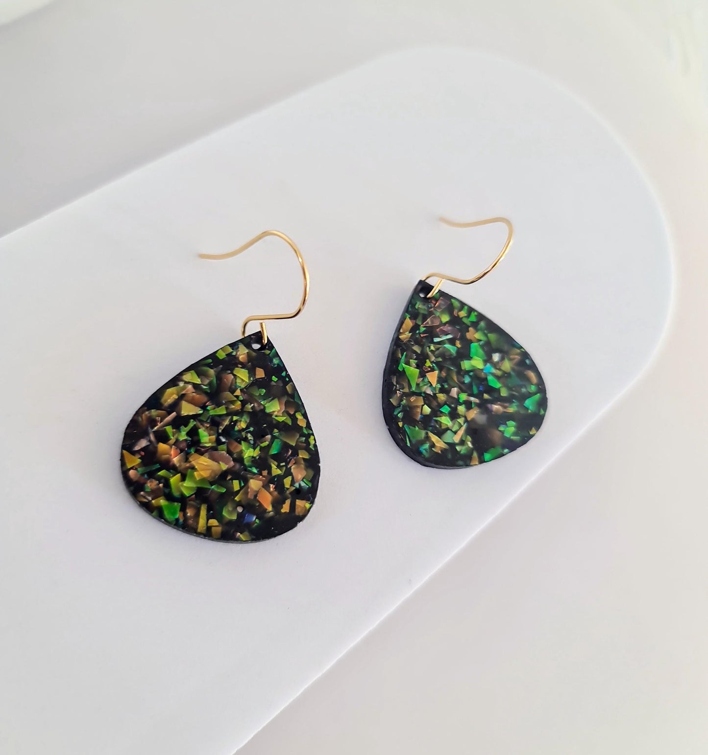 Multicoloured Teardrop Dangles, Holographic Teardrop Earwire Earrings, Glitter Changing with Holographic Design, Hypoallergenic Earrings
