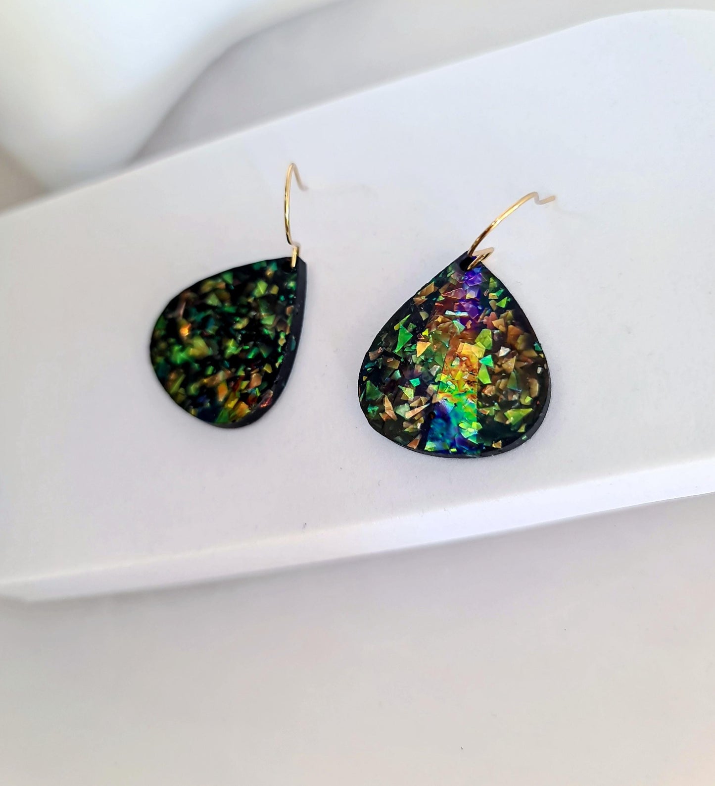 Multicoloured Teardrop Dangles, Holographic Teardrop Earwire Earrings, Glitter Changing with Holographic Design, Hypoallergenic Earrings