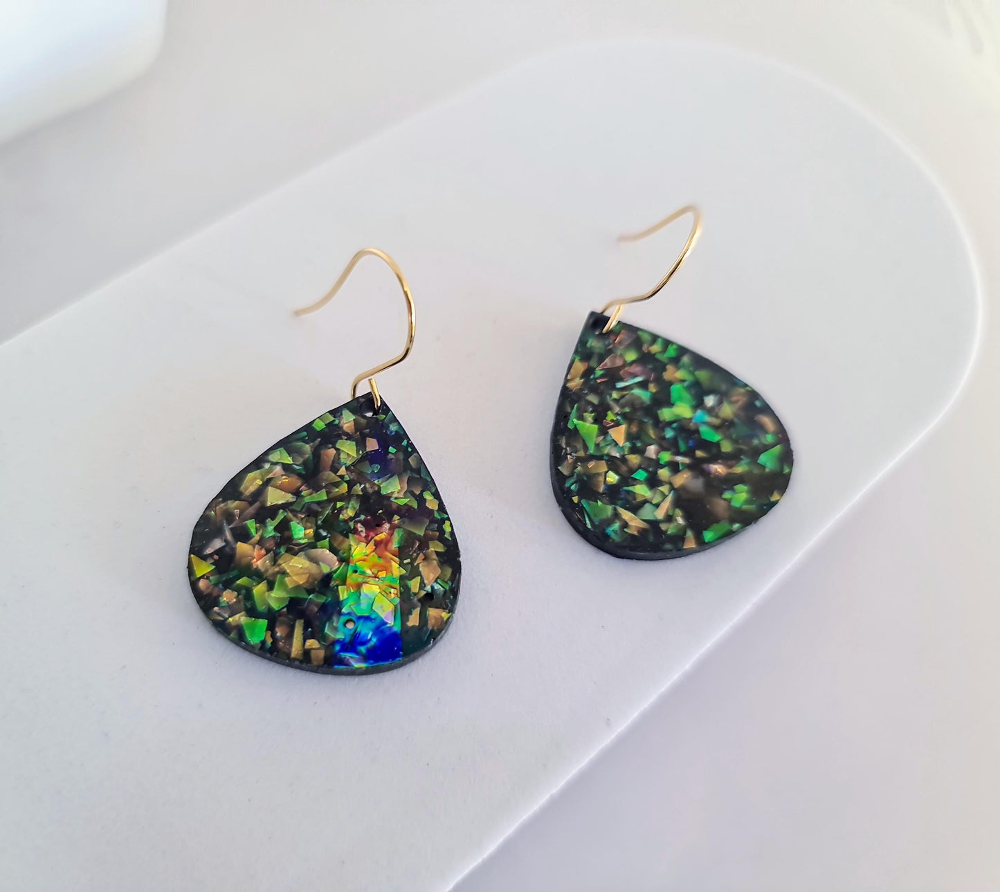 Multicoloured Teardrop Dangles, Holographic Teardrop Earwire Earrings, Glitter Changing with Holographic Design, Hypoallergenic Earrings