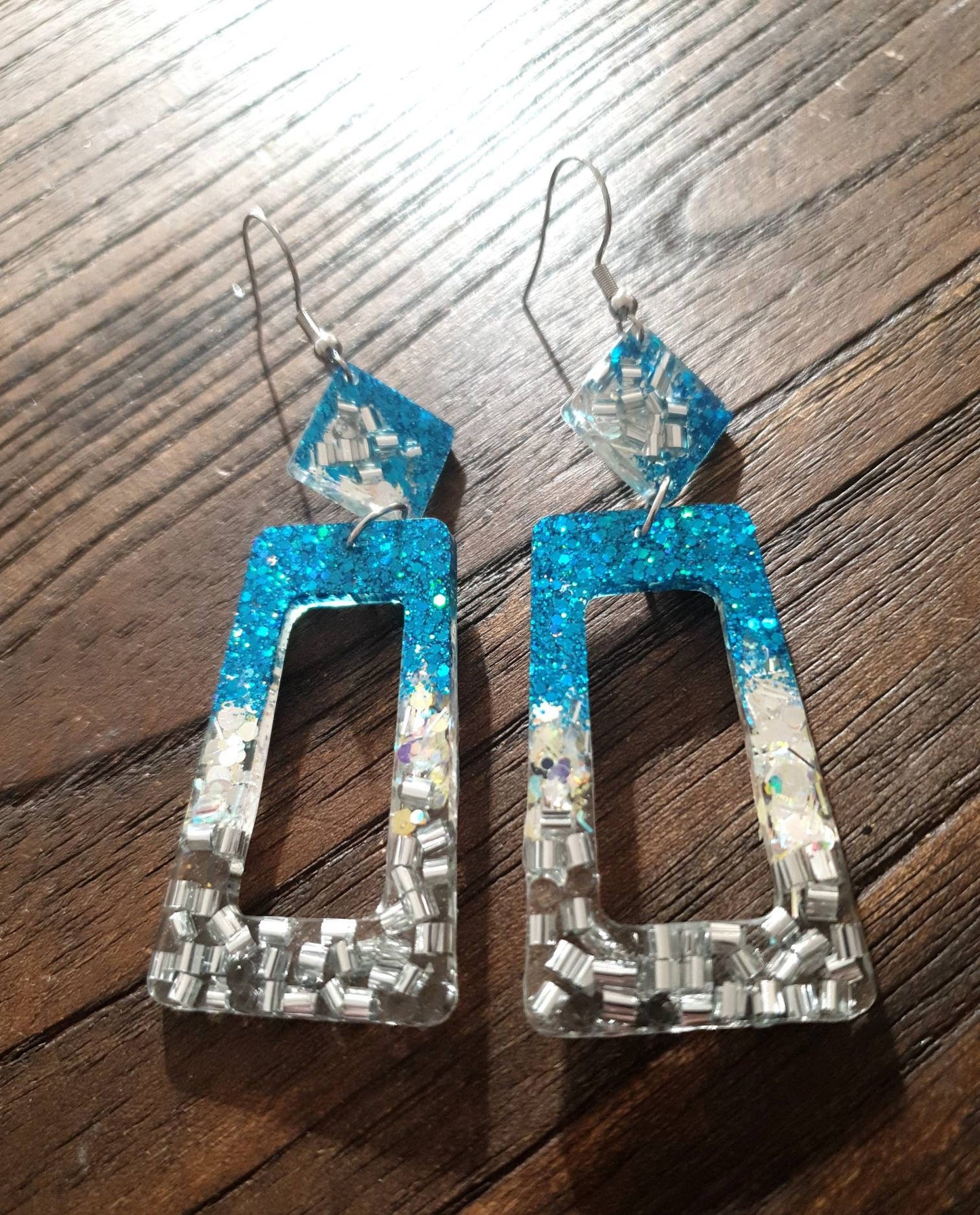Blue Silver Rectangle Long Dangle Earrings, Ocean Blue, Silver, White Glitter Resin Dangle Statement Earrings