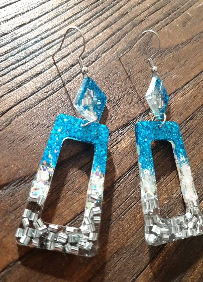 Blue Silver Rectangle Long Dangle Earrings, Ocean Blue, Silver, White Glitter Resin Dangle Statement Earrings