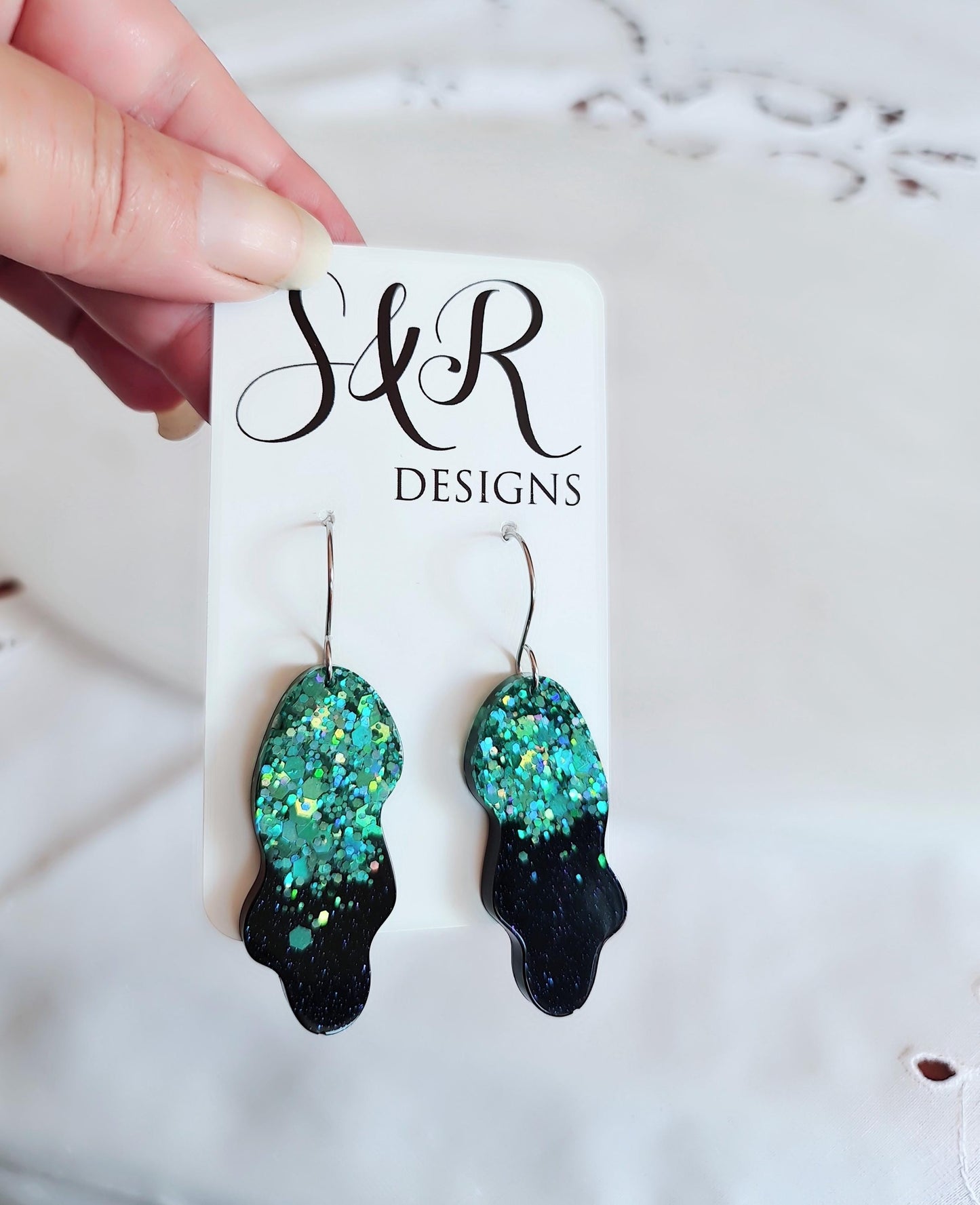 Turquoise Black Wave Liquid Shape Dangle Drop Earwire Earrings, Statement Handmade Resin Earrings, Hypoallergenic