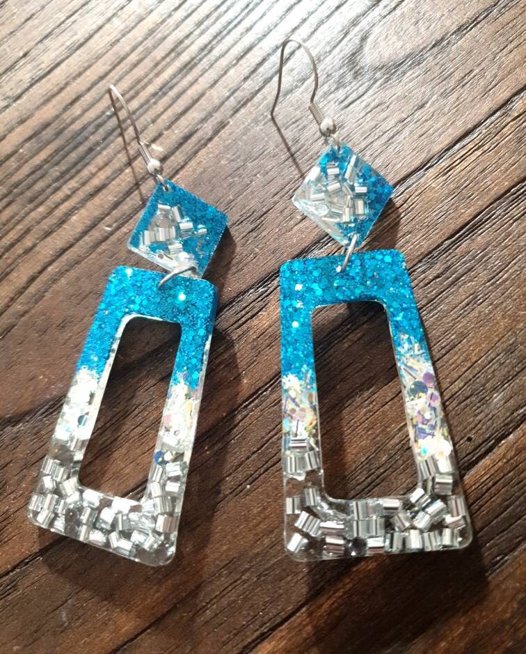 Blue Silver Rectangle Long Dangle Earrings, Ocean Blue, Silver, White Glitter Resin Dangle Statement Earrings