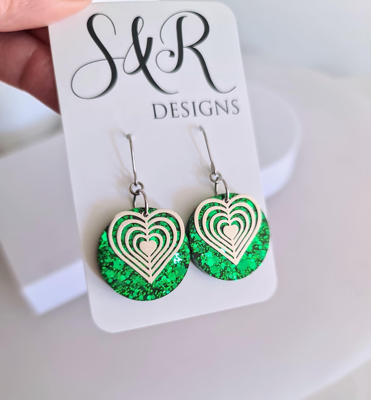 Silver Heart Emerald Green Circle Resin Drop Earrings, Statement Green Glitter Earrings, Stainless Steel Hypoallergenic Earrings.
