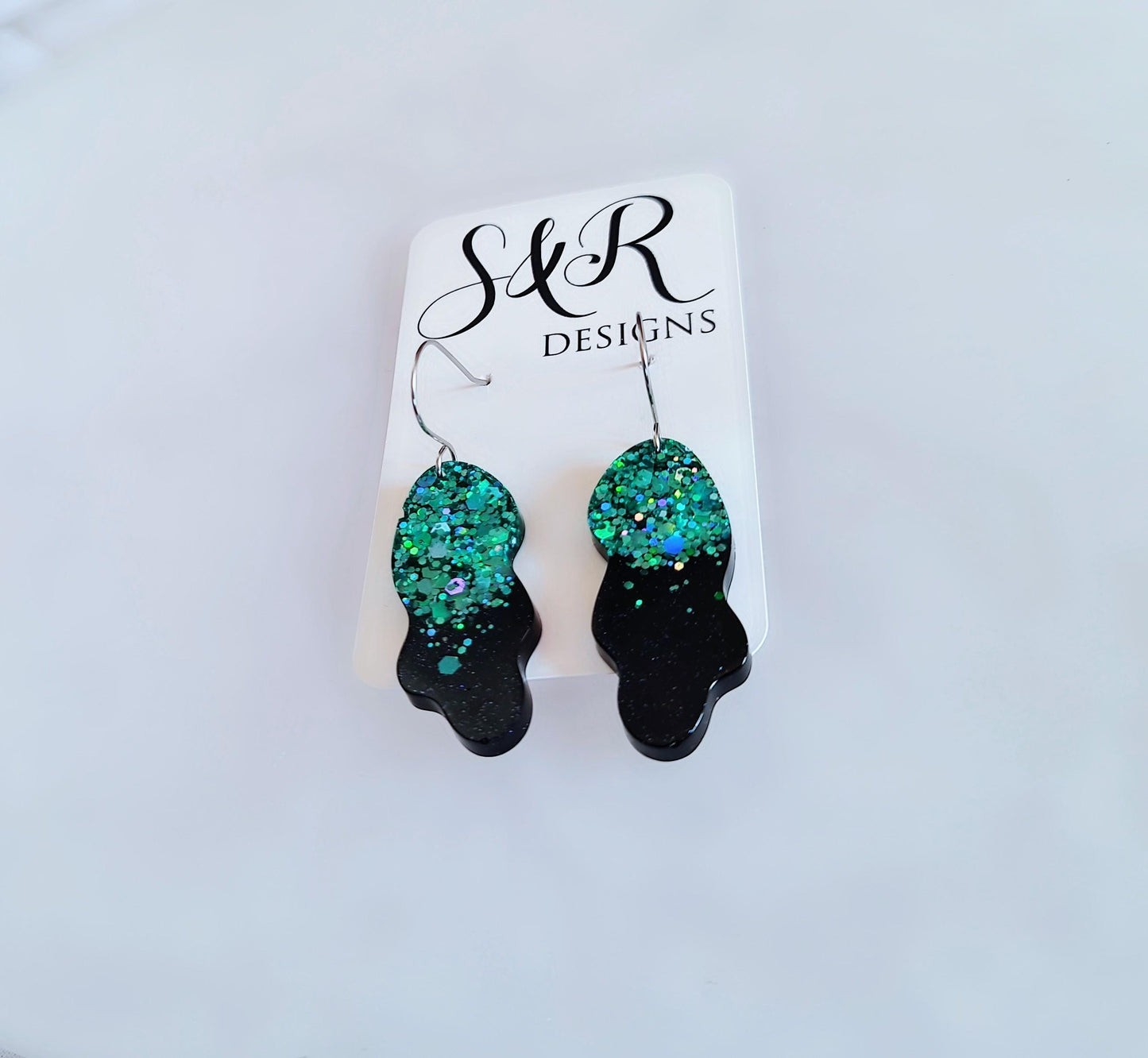 Turquoise Black Wave Liquid Shape Dangle Drop Earwire Earrings, Statement Handmade Resin Earrings, Hypoallergenic