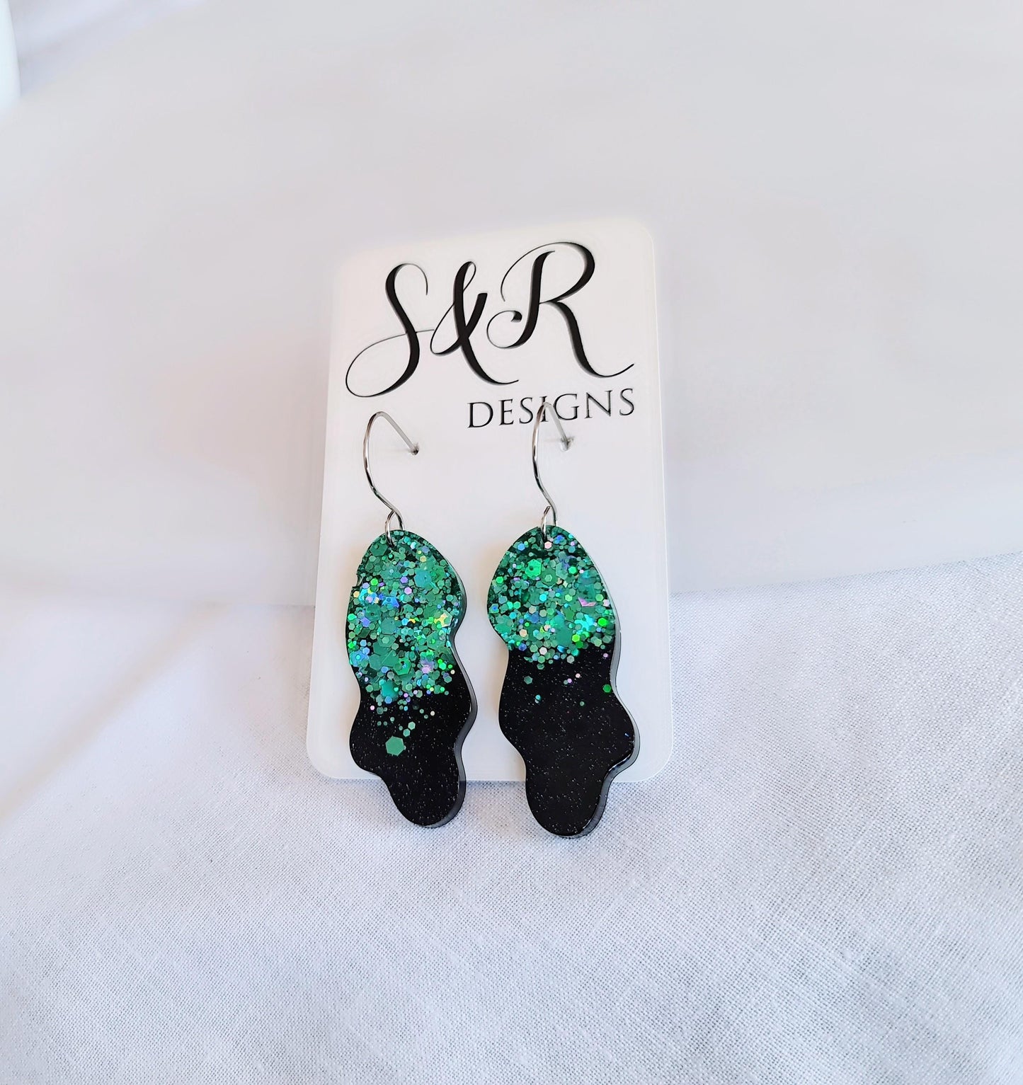 Turquoise Black Wave Liquid Shape Dangle Drop Earwire Earrings, Statement Handmade Resin Earrings, Hypoallergenic