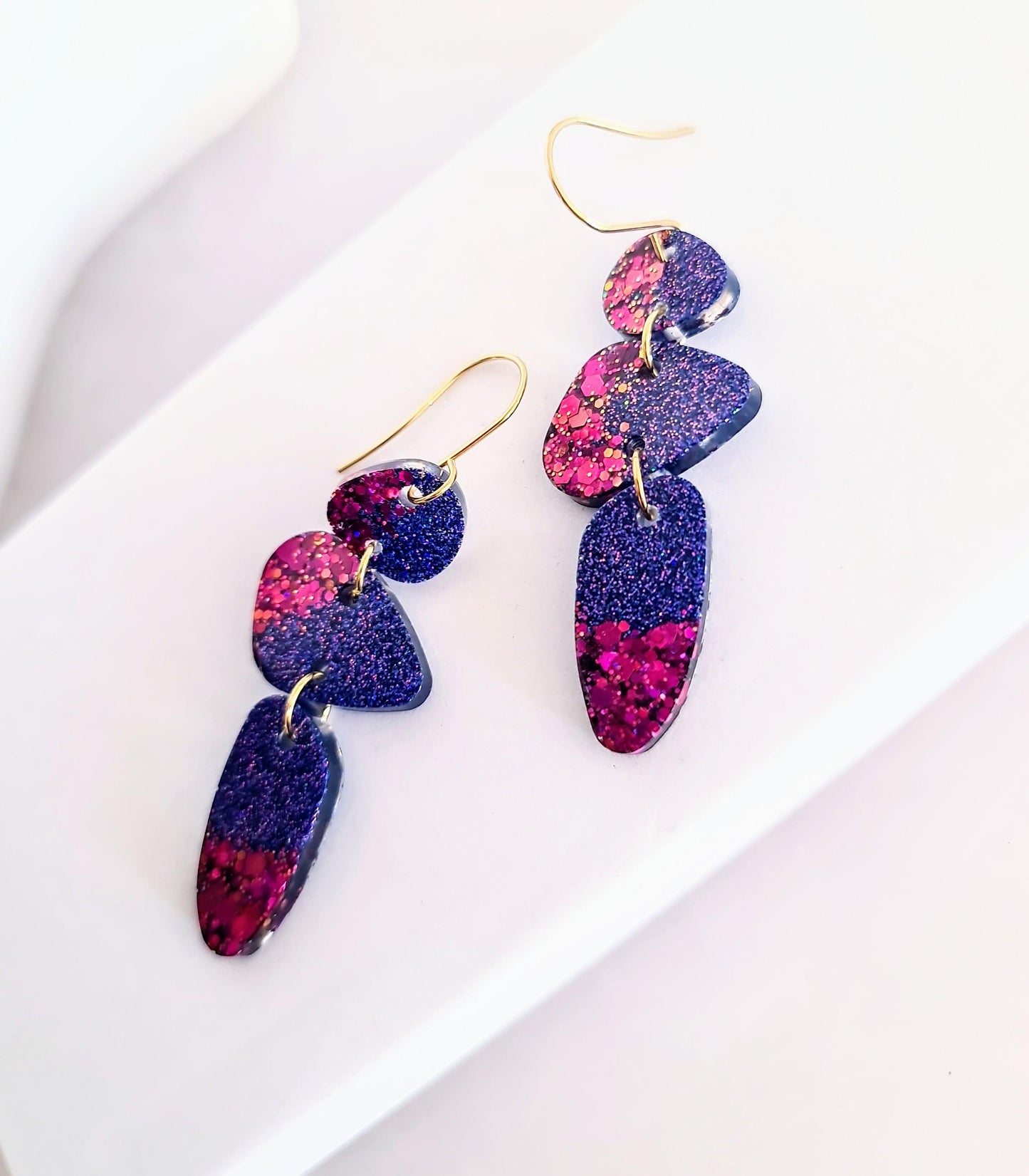 Abstract Long Dangle Earrings, Statement Purple Magenta Glitter Handmade, Long Gold Earwire Earrings, Lightweight Hypoallergenic Earrings
