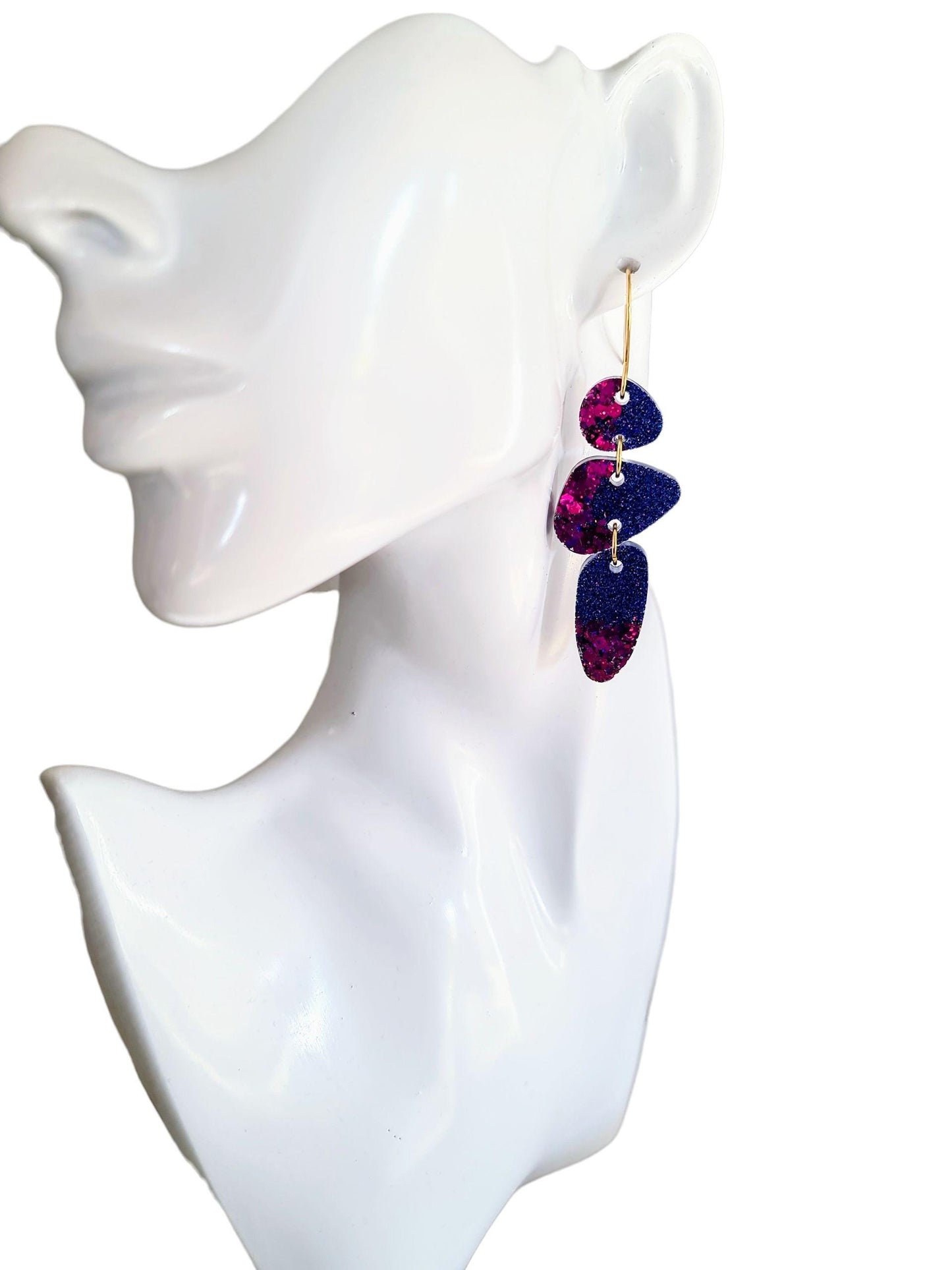 Abstract Long Dangle Earrings, Statement Purple Magenta Glitter Handmade, Long Gold Earwire Earrings, Lightweight Hypoallergenic Earrings