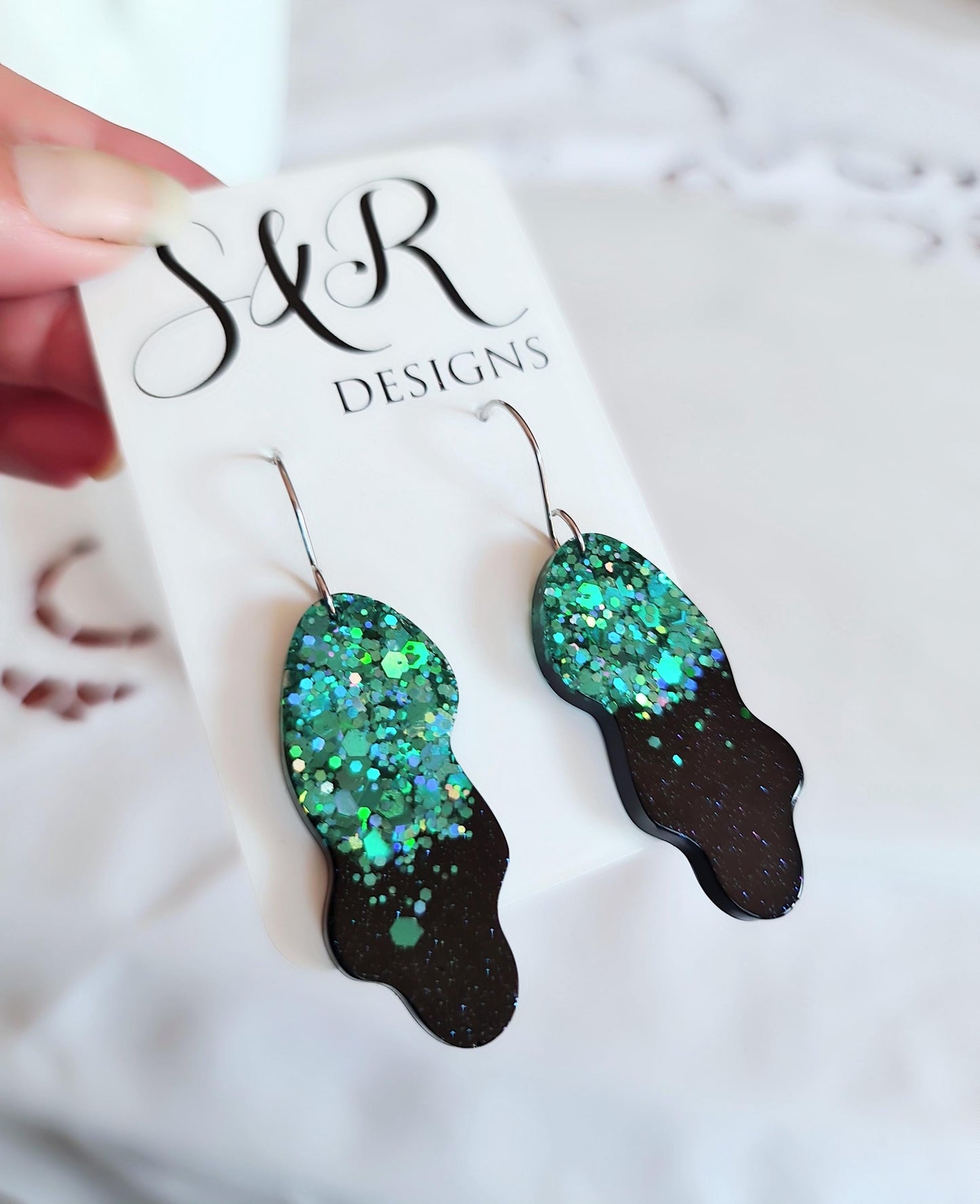 Turquoise Black Wave Liquid Shape Dangle Drop Earwire Earrings, Statement Handmade Resin Earrings, Hypoallergenic