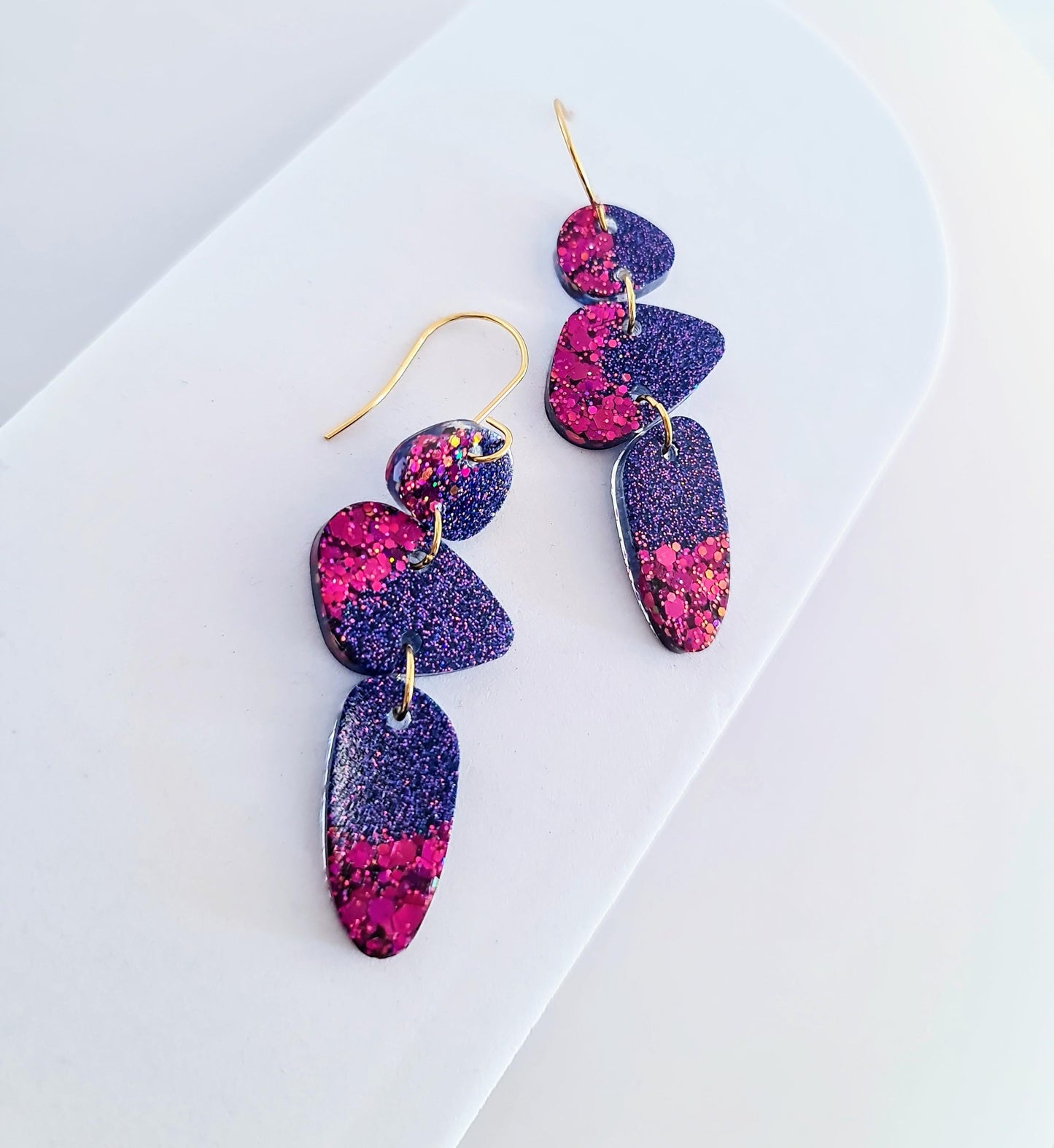 Abstract Long Dangle Earrings, Statement Purple Magenta Glitter Handmade, Long Gold Earwire Earrings, Lightweight Hypoallergenic Earrings