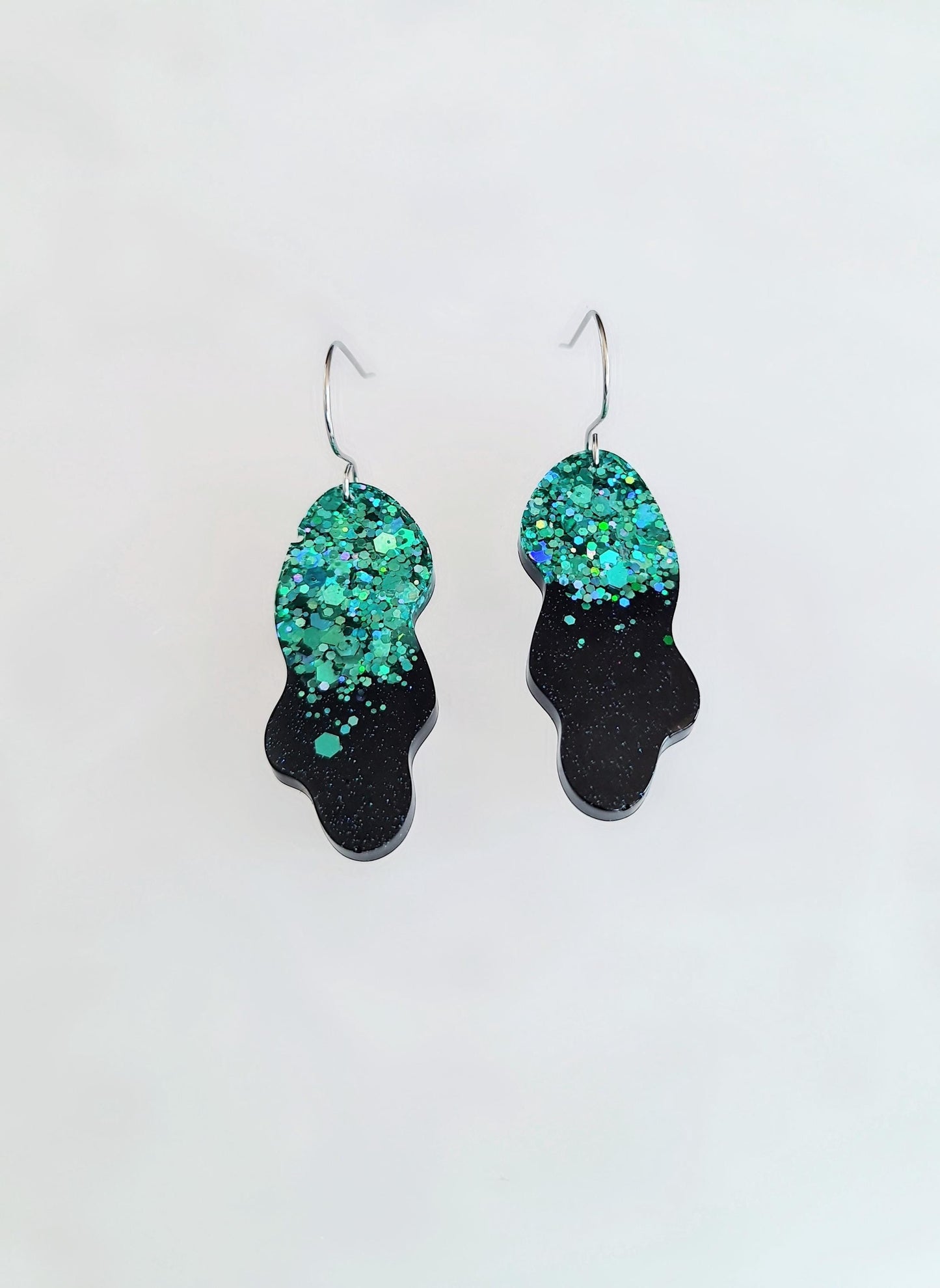 Turquoise Black Wave Liquid Shape Dangle Drop Earwire Earrings, Statement Handmade Resin Earrings, Hypoallergenic