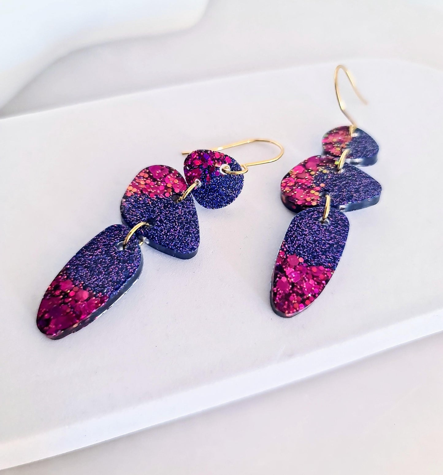 Abstract Long Dangle Earrings, Statement Purple Magenta Glitter Handmade, Long Gold Earwire Earrings, Lightweight Hypoallergenic Earrings