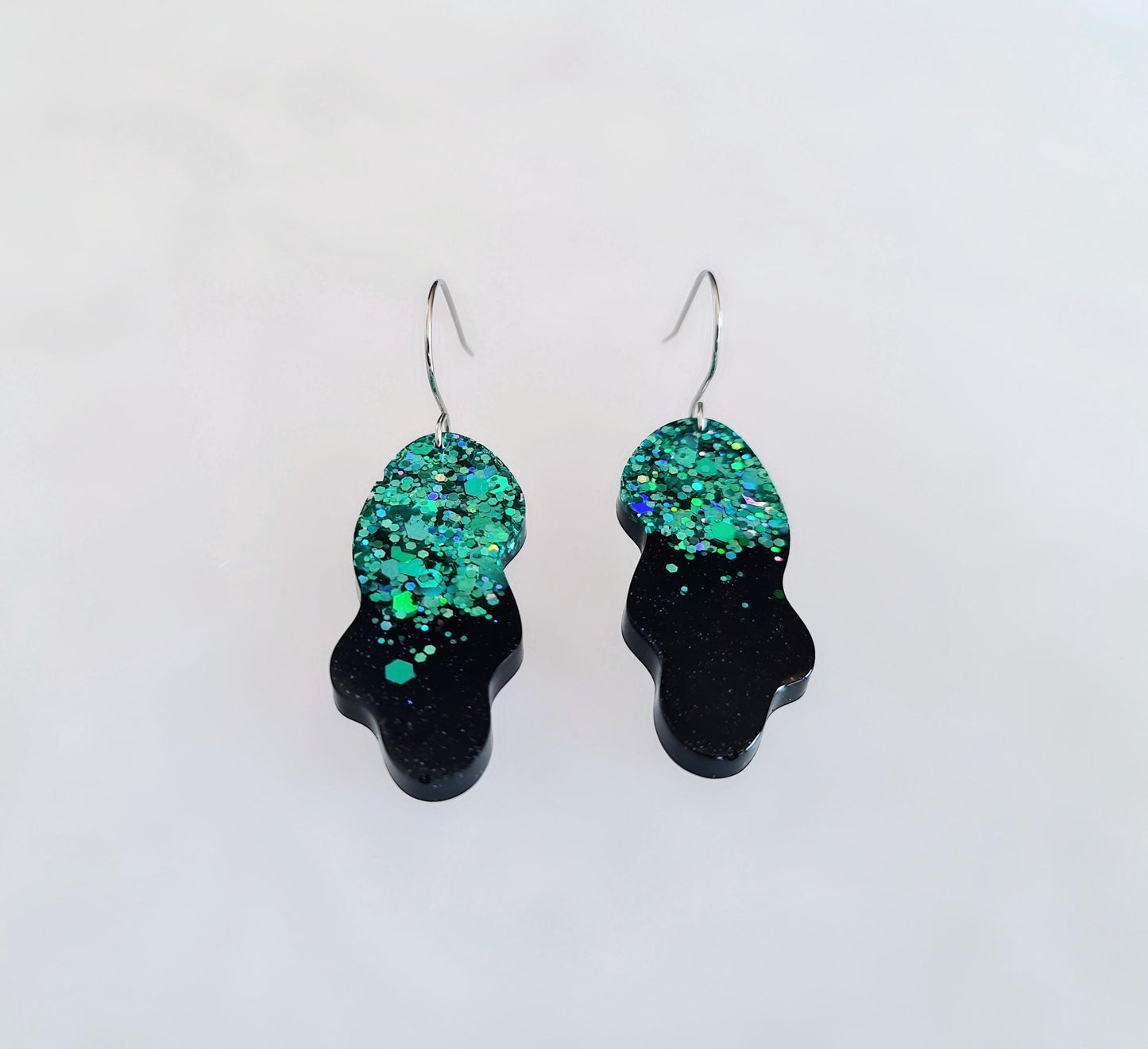 Turquoise Black Wave Liquid Shape Dangle Drop Earwire Earrings, Statement Handmade Resin Earrings, Hypoallergenic