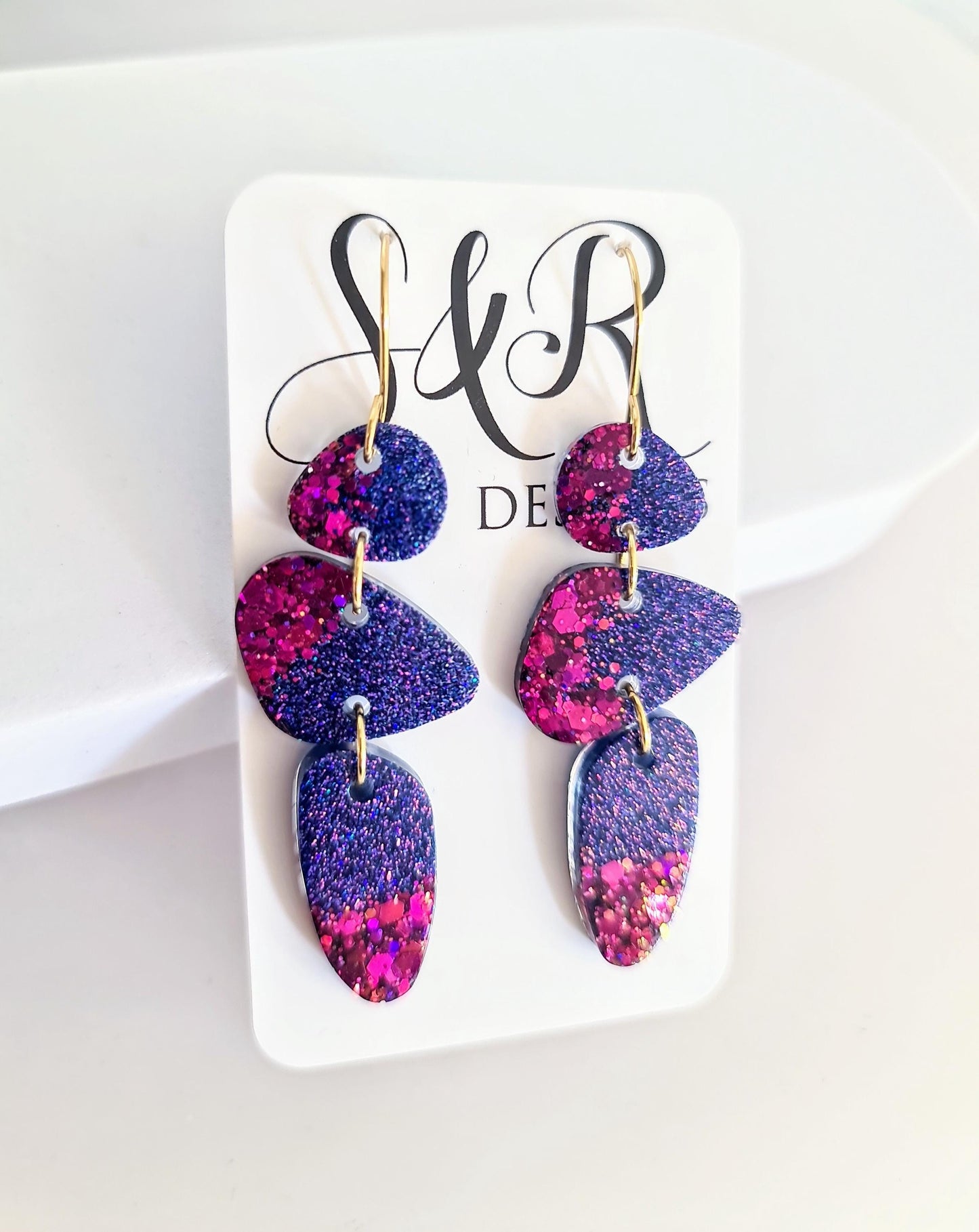 Abstract Long Dangle Earrings, Statement Purple Magenta Glitter Handmade, Long Gold Earwire Earrings, Lightweight Hypoallergenic Earrings