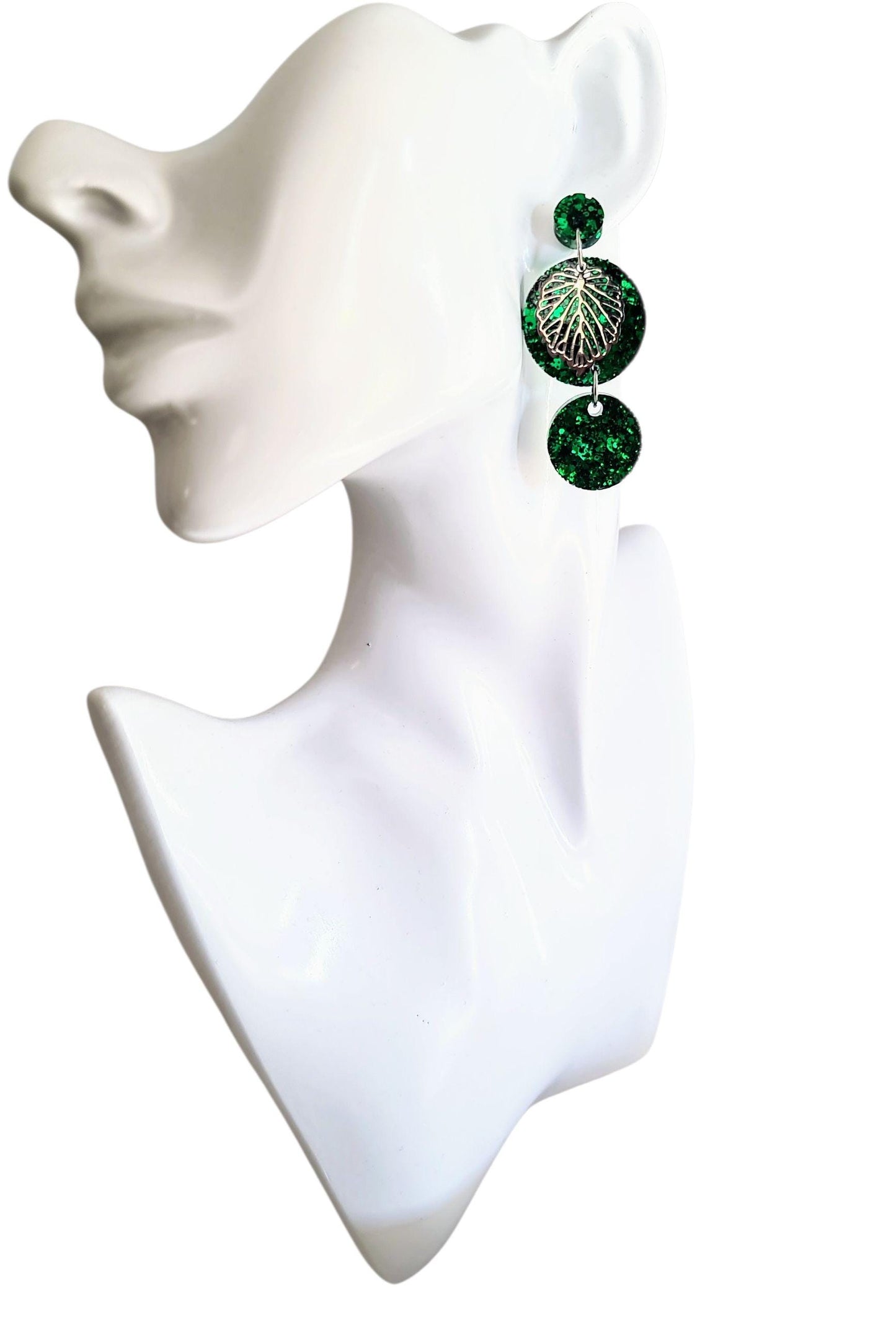 Silver Leaves Emerald Green Circle Long Resin Earrings, Statement Green Glitter Earrings, Stainless Steel Hypoallergenic Earrings.