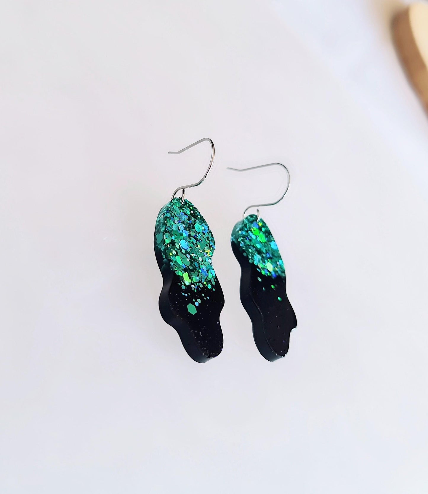 Turquoise Black Wave Liquid Shape Dangle Drop Earwire Earrings, Statement Handmade Resin Earrings, Hypoallergenic