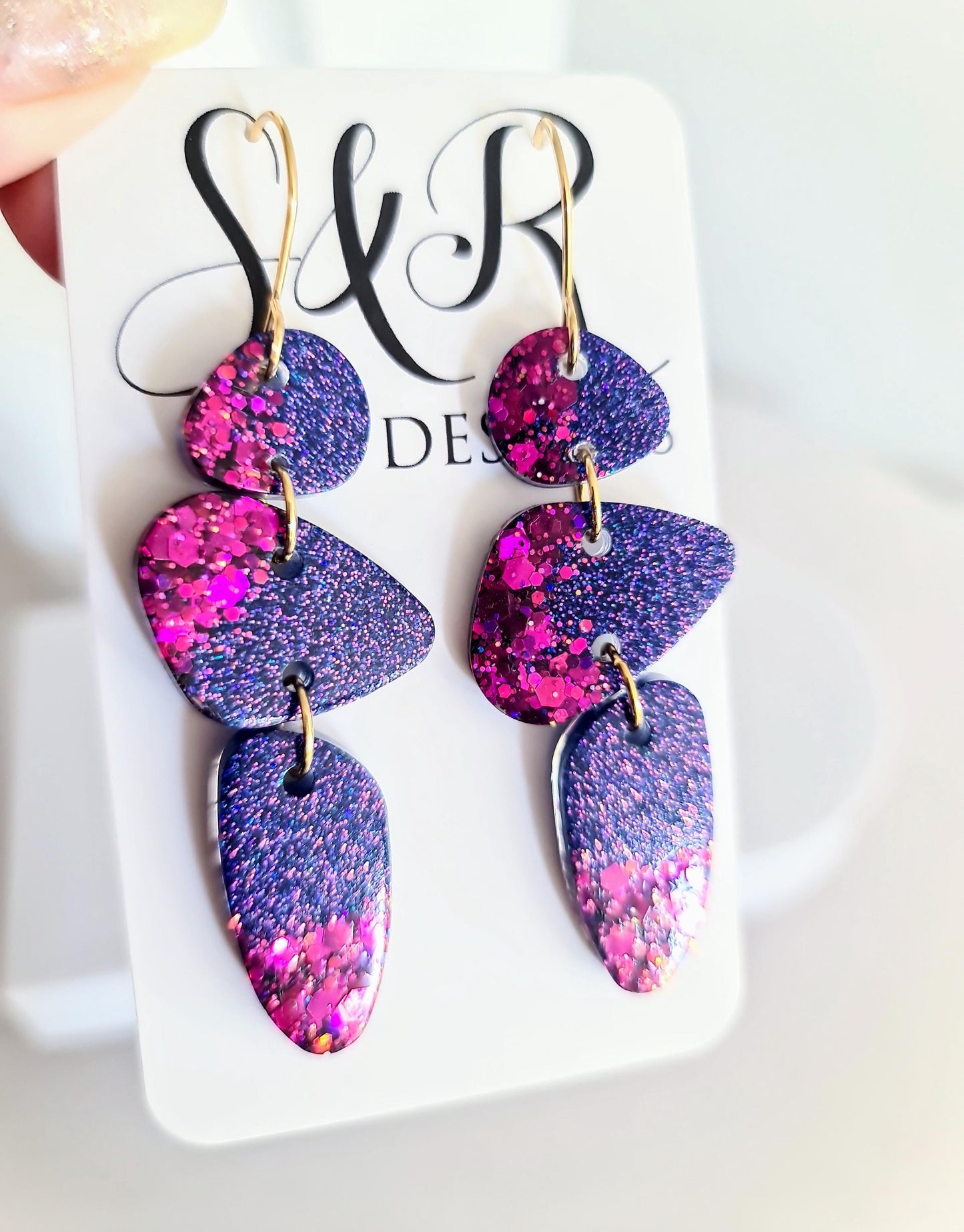 Abstract Long Dangle Earrings, Statement Purple Magenta Glitter Handmade, Long Gold Earwire Earrings, Lightweight Hypoallergenic Earrings