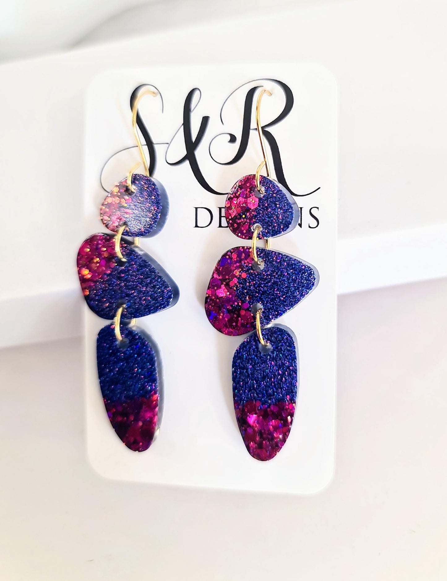 Abstract Long Dangle Earrings, Statement Purple Magenta Glitter Handmade, Long Gold Earwire Earrings, Lightweight Hypoallergenic Earrings
