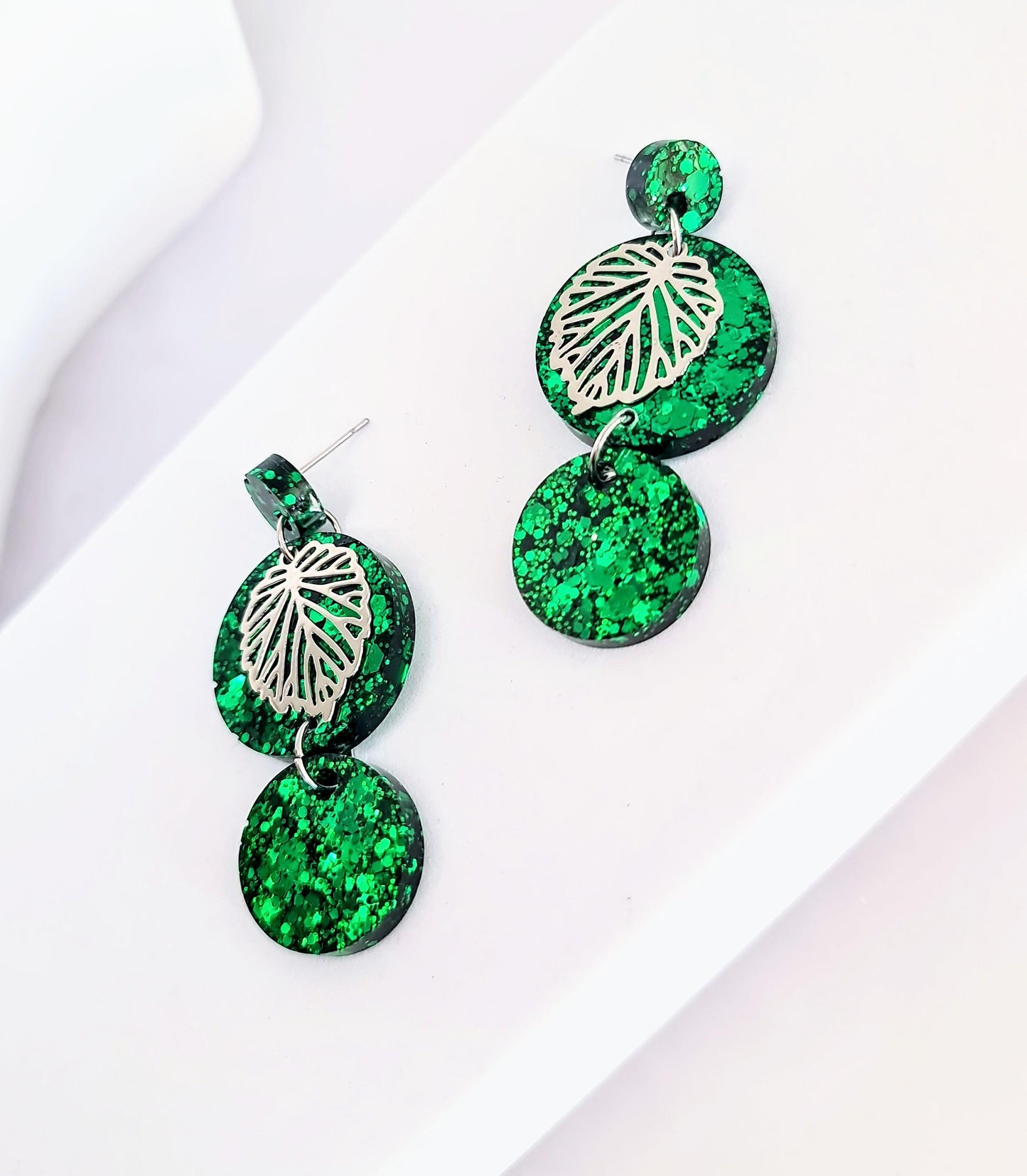 Silver Leaves Emerald Green Circle Long Resin Earrings, Statement Green Glitter Earrings, Stainless Steel Hypoallergenic Earrings.