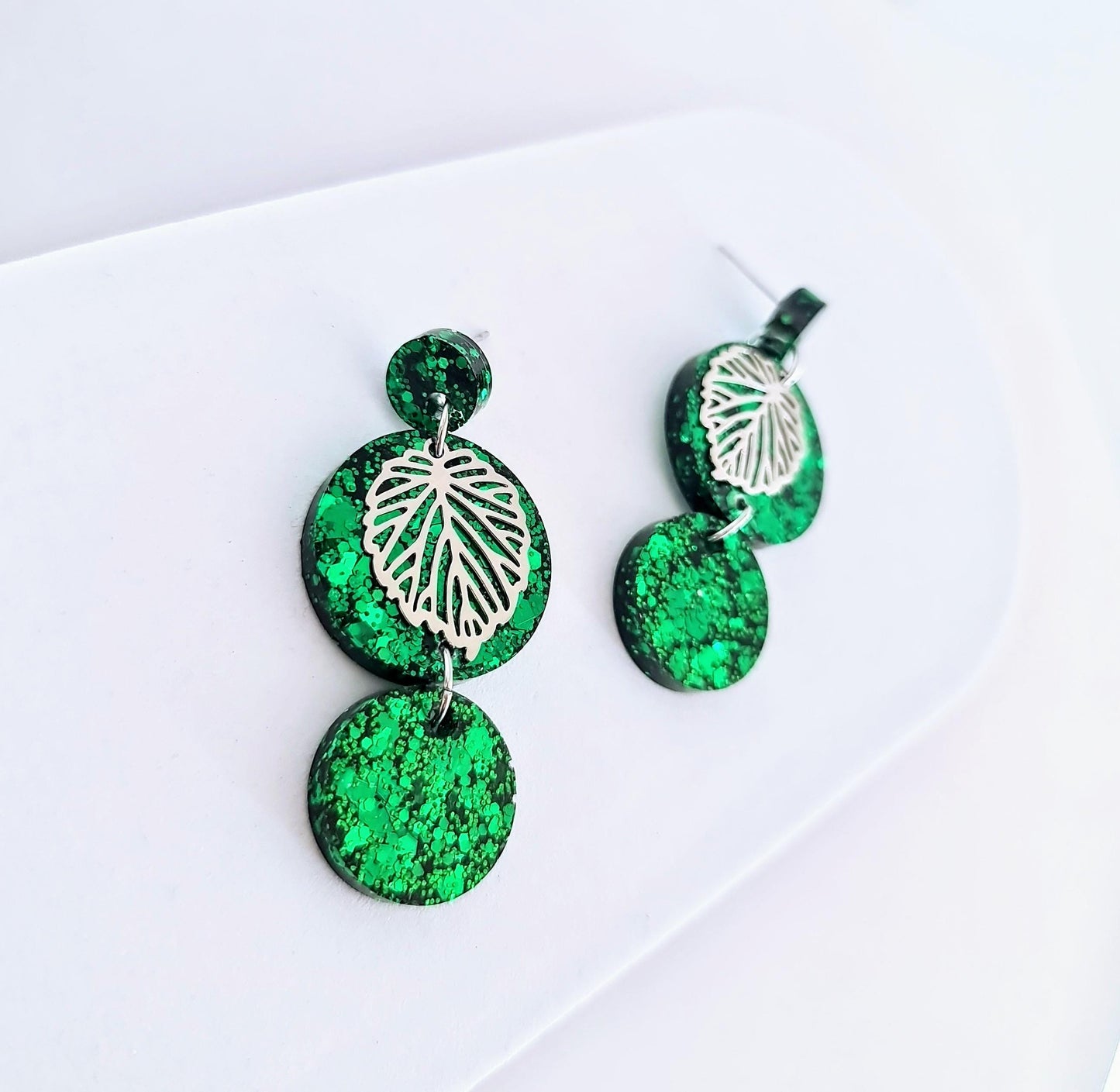 Silver Leaves Emerald Green Circle Long Resin Earrings, Statement Green Glitter Earrings, Stainless Steel Hypoallergenic Earrings.