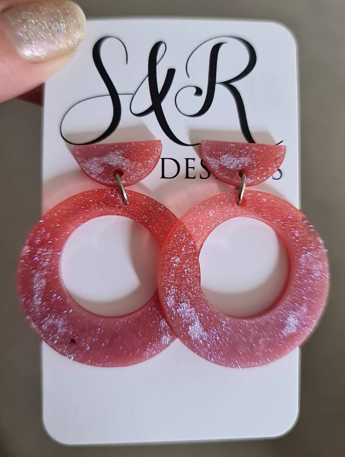 Hoop Glitter Dangle Earrings, Pink Mix and White Dangles. Resin Circle Earrings, Stainless Steel Earrings, Statement Earrings