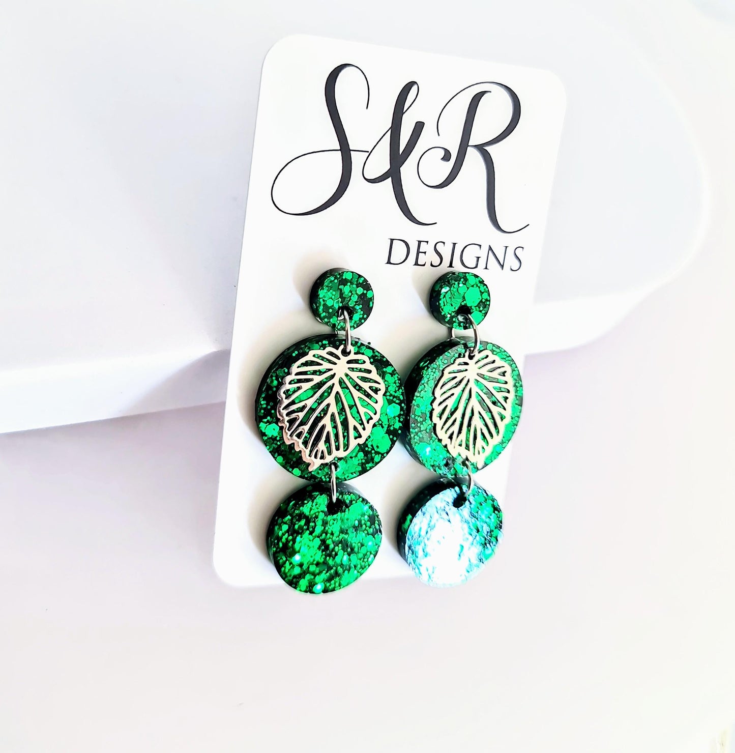 Silver Leaves Emerald Green Circle Long Resin Earrings, Statement Green Glitter Earrings, Stainless Steel Hypoallergenic Earrings.