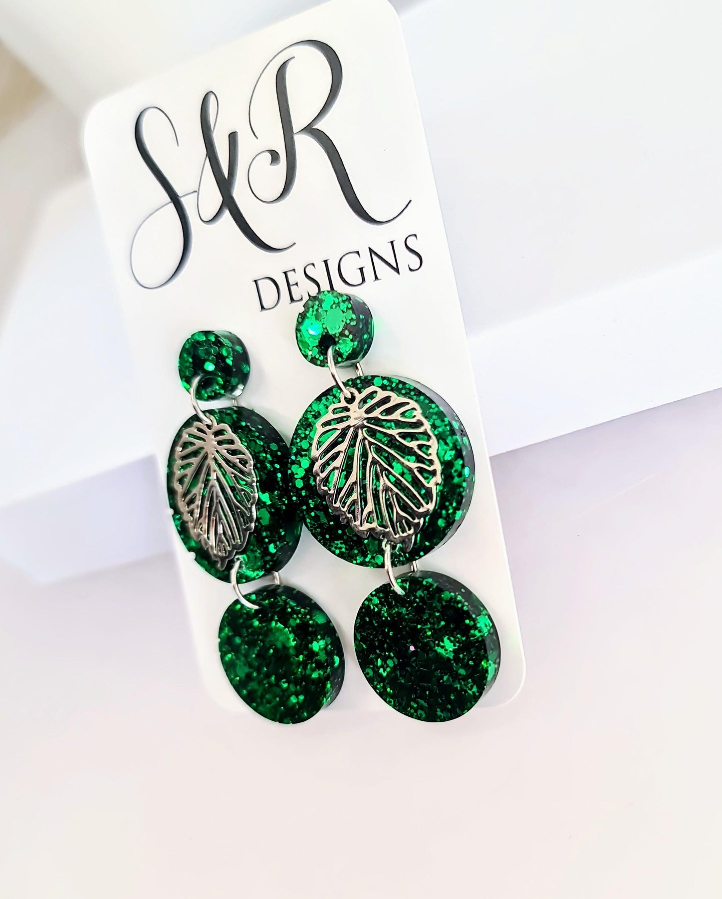 Silver Leaves Emerald Green Circle Long Resin Earrings, Statement Green Glitter Earrings, Stainless Steel Hypoallergenic Earrings.