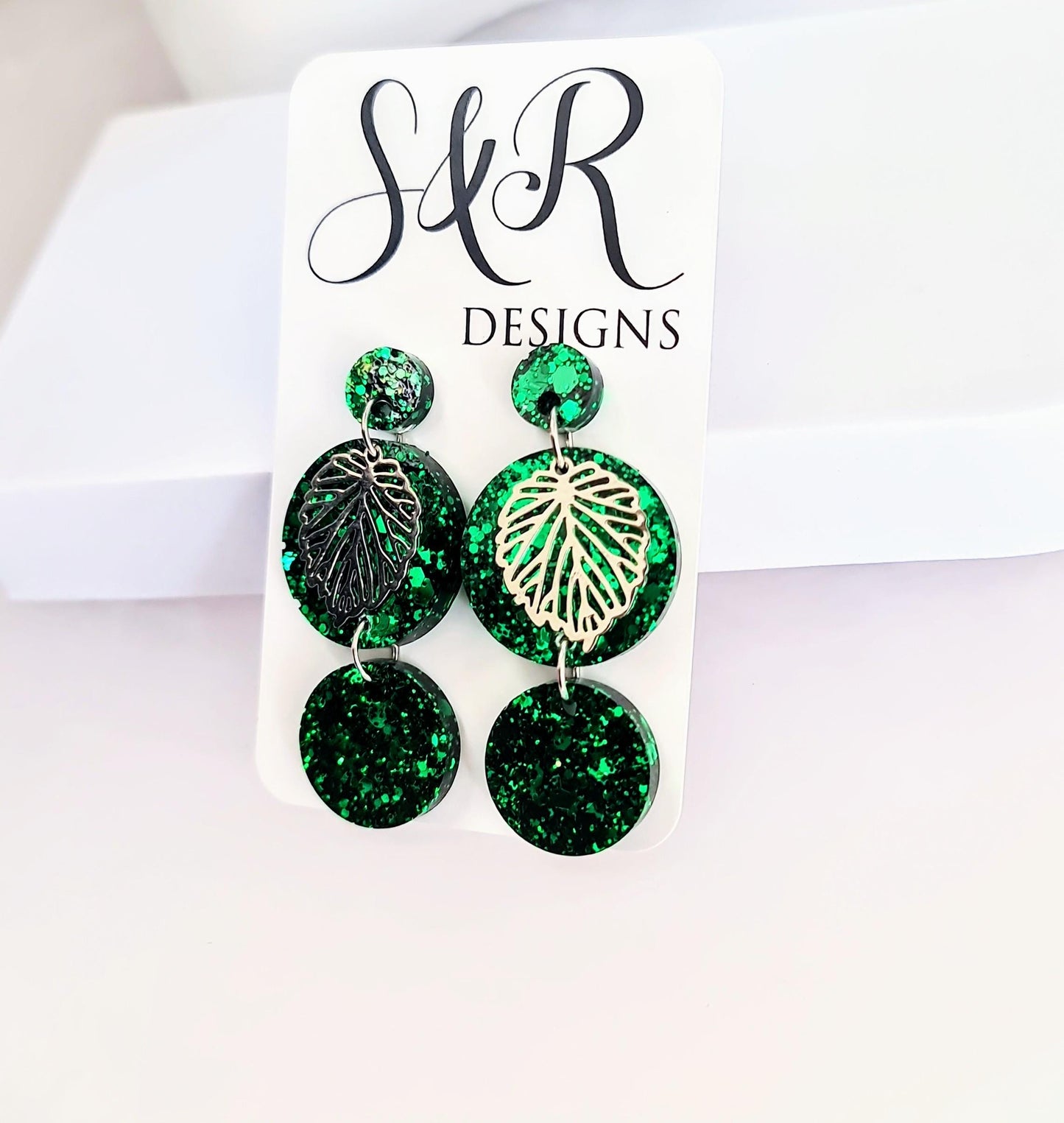 Silver Leaves Emerald Green Circle Long Resin Earrings, Statement Green Glitter Earrings, Stainless Steel Hypoallergenic Earrings.