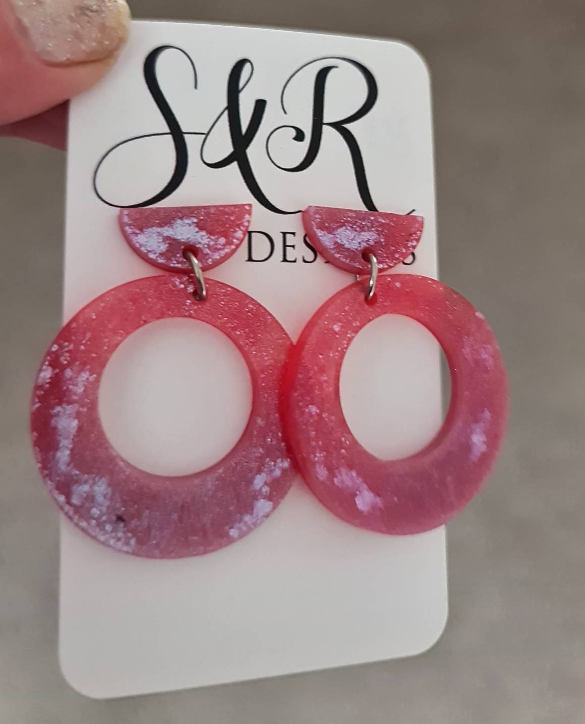 Hoop Glitter Dangle Earrings, Pink Mix and White Dangles. Resin Circle Earrings, Stainless Steel Earrings, Statement Earrings