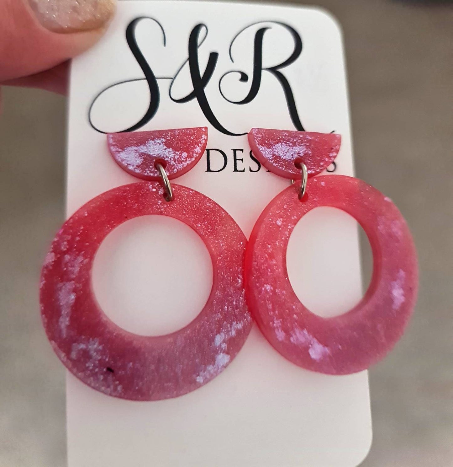 Hoop Glitter Dangle Earrings, Pink Mix and White Dangles. Resin Circle Earrings, Stainless Steel Earrings, Statement Earrings