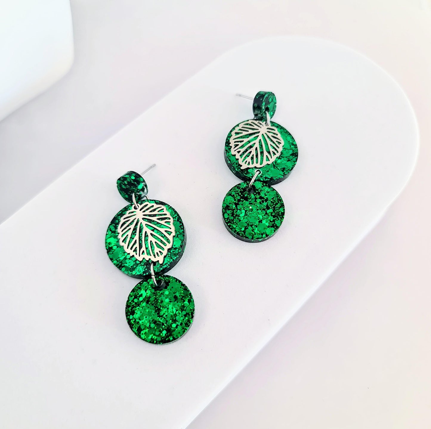 Silver Leaves Emerald Green Circle Long Resin Earrings, Statement Green Glitter Earrings, Stainless Steel Hypoallergenic Earrings.