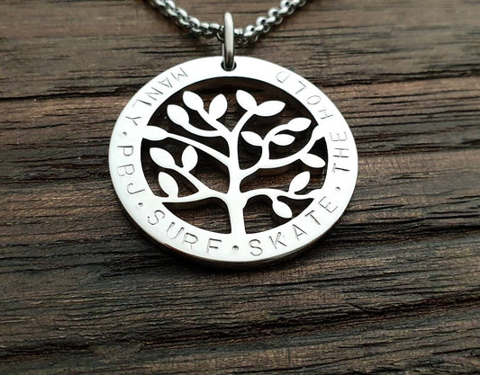Personalized Tree of Life Necklace, Hand Stamped Name Design Pendant, 18k Gold Stainless Steel. Mothers Day, Sister, Grandmother, Kids Names