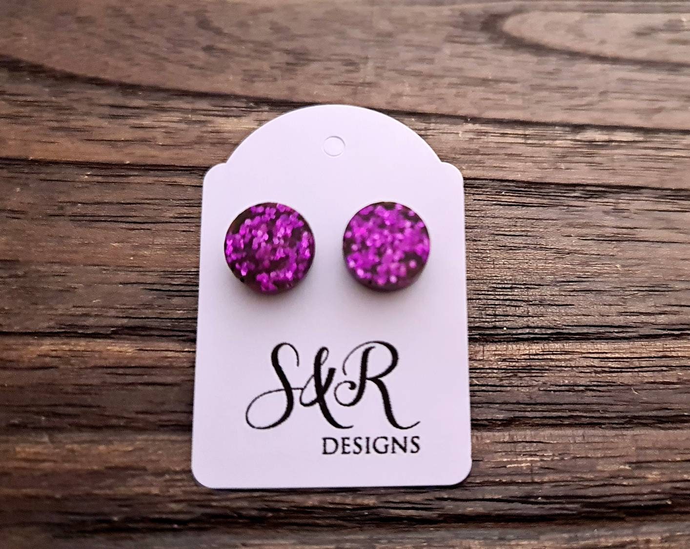 Fuchsia Circle Dot Resin Stud Earrings, Fuchsia Purple Stud Earrings, Tiny Studs, Stainless Steel Stud Earrings. 15mm, 12mm, 10mm or 8mm