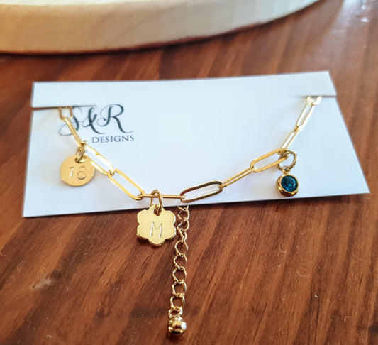 Personalised Gold Charm Bracelet, 18k Gold Hand-Stamped Paperclip Bracelet, Custom Initial/s, 16th, 28th, 21st, 30th, 40th, 50th Add Charms