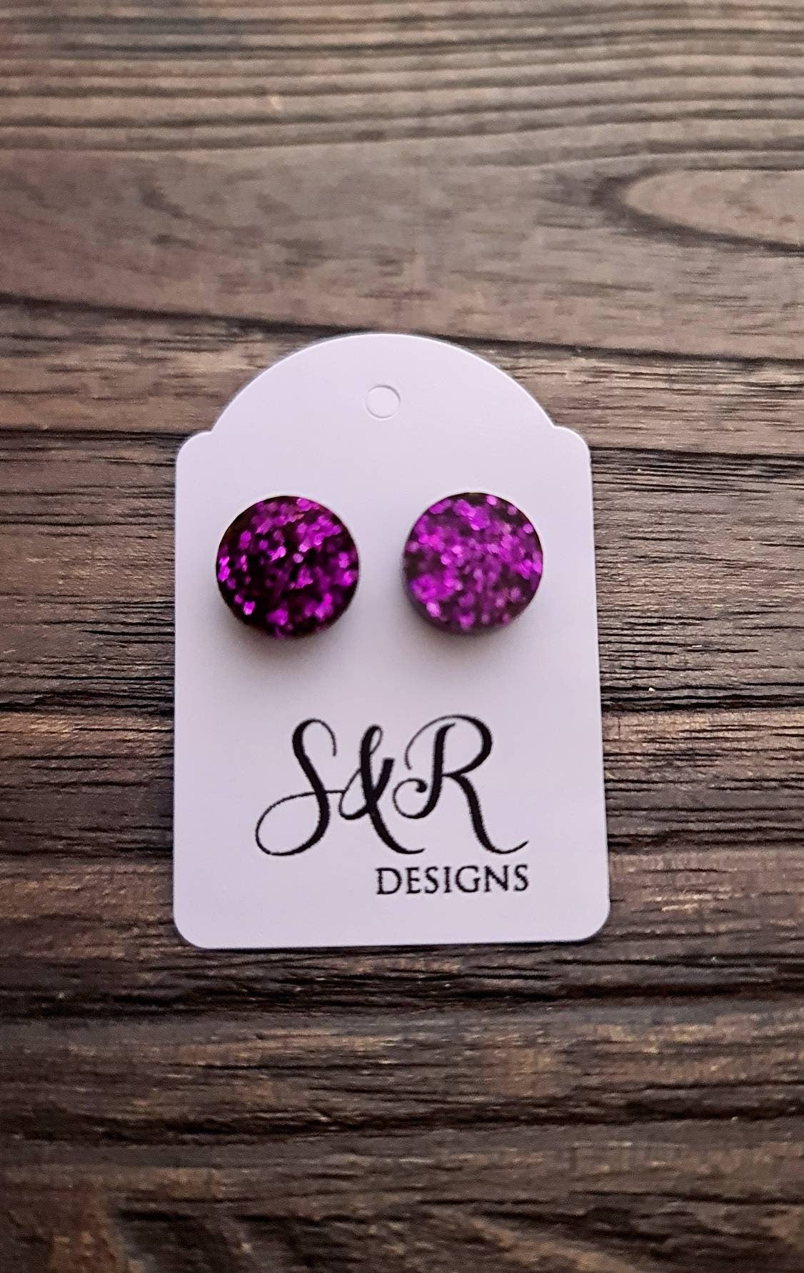 Fuchsia Circle Dot Resin Stud Earrings, Fuchsia Purple Stud Earrings, Tiny Studs, Stainless Steel Stud Earrings. 15mm, 12mm, 10mm or 8mm