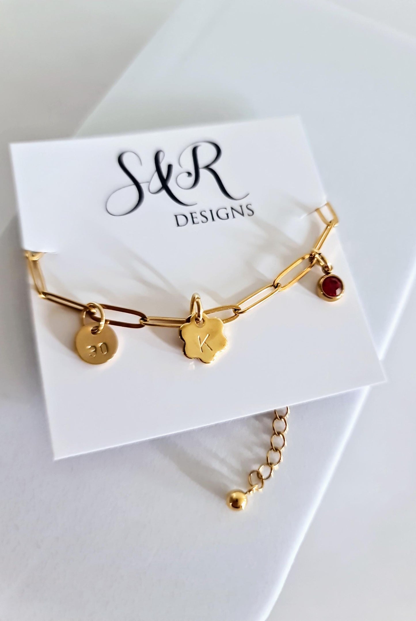 Personalised Gold Charm Bracelet, 18k Gold Hand-Stamped Paperclip Bracelet, Custom Initial/s, 16th, 28th, 21st, 30th, 40th, 50th Add Charms
