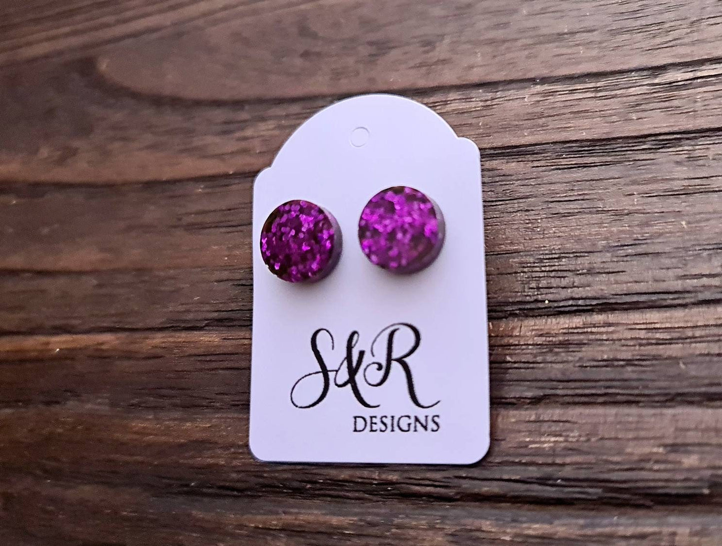 Fuchsia Circle Dot Resin Stud Earrings, Fuchsia Purple Stud Earrings, Tiny Studs, Stainless Steel Stud Earrings. 15mm, 12mm, 10mm or 8mm