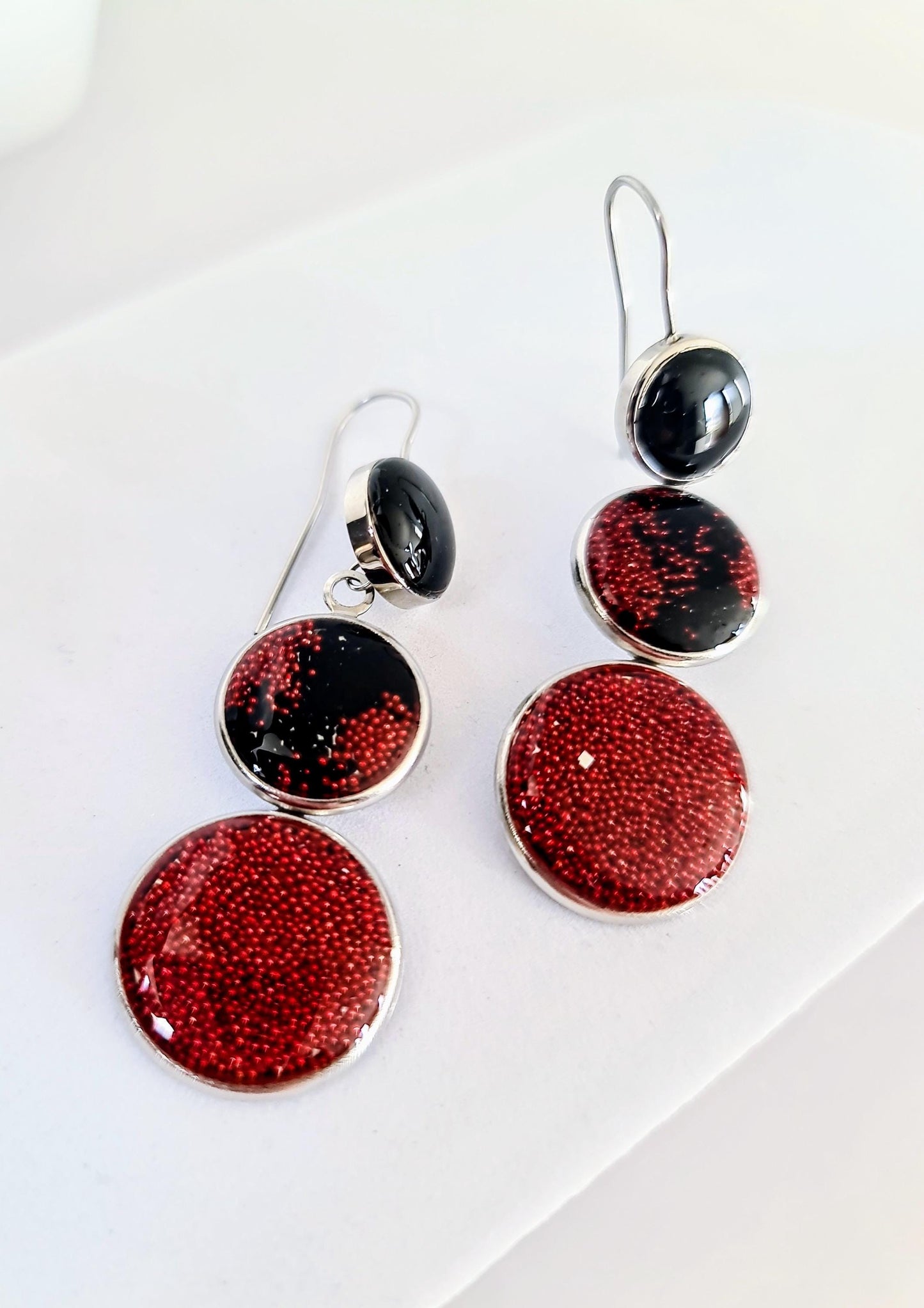 Red and Black Circle Drop Earrings, 3 Circle Design Bubble Bead Dangle Earrings, Statement Resin Hypoallergenic Handmade Earrings