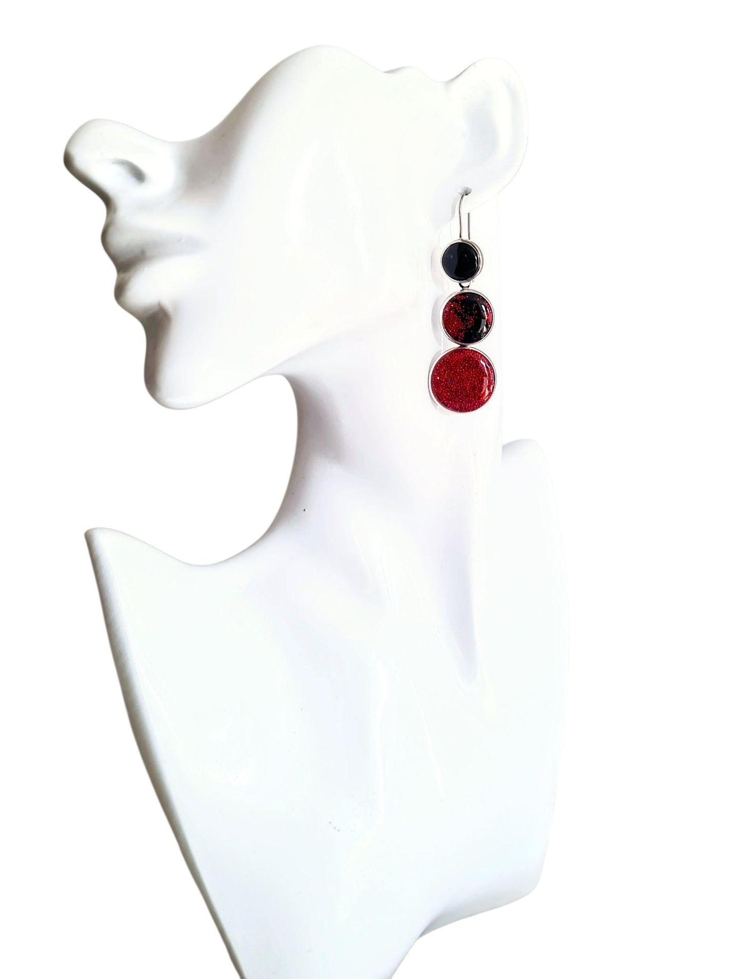 Red and Black Circle Drop Earrings, 3 Circle Design Bubble Bead Dangle Earrings, Statement Resin Hypoallergenic Handmade Earrings