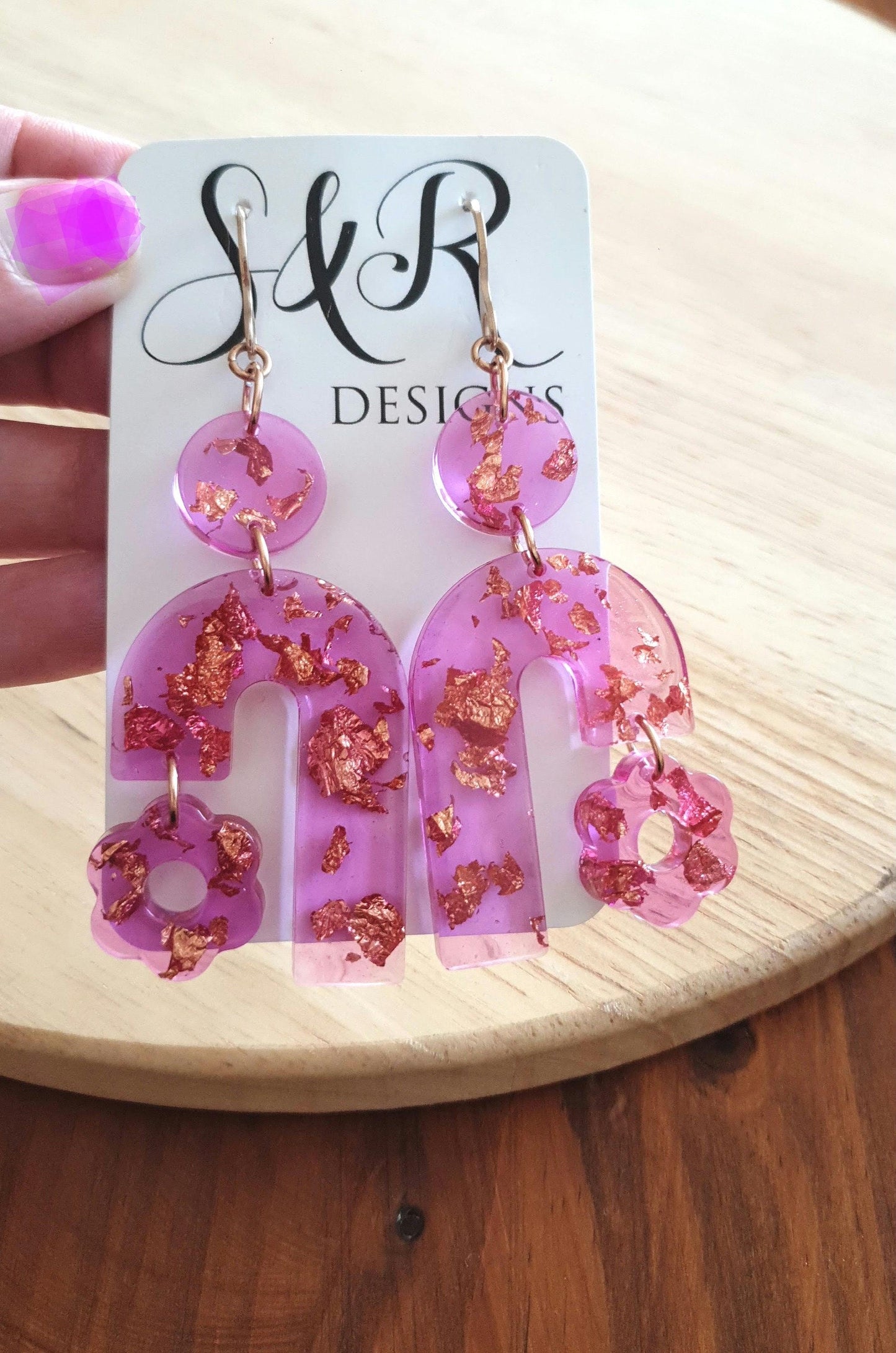 Lucid Pink Arch Dangles Flower Earrings, Pink Resin and Rosegold Leaf, Pink Flower Charm, Statement Stainless Steel Hypoallergenic Earrings