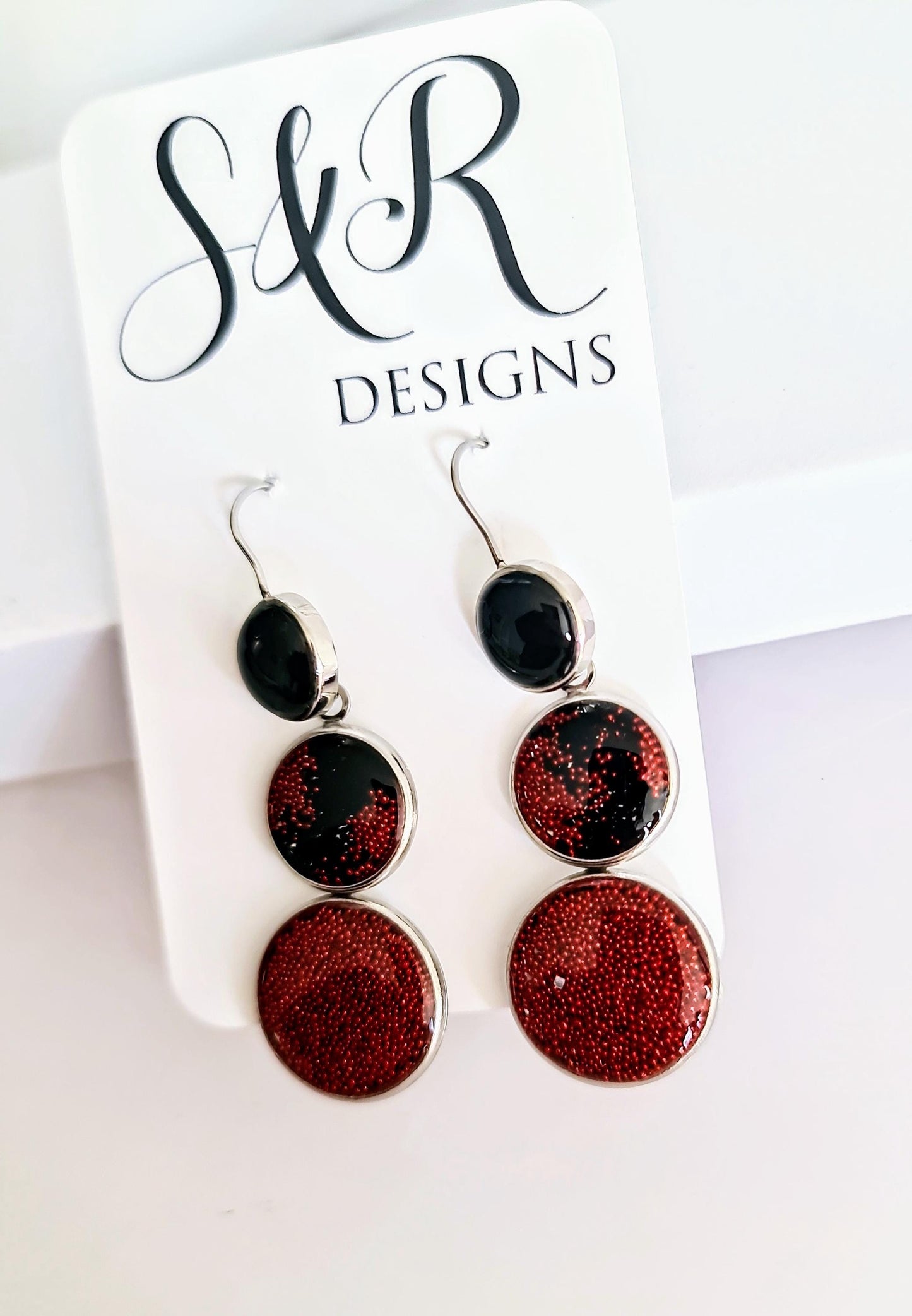 Red and Black Circle Drop Earrings, 3 Circle Design Bubble Bead Dangle Earrings, Statement Resin Hypoallergenic Handmade Earrings