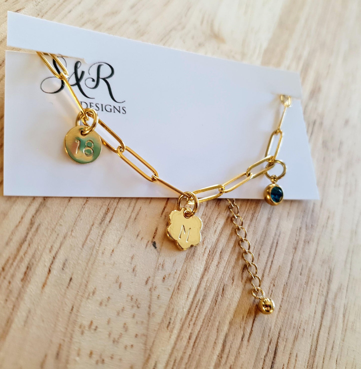 Personalised Gold Charm Bracelet, 18k Gold Hand-Stamped Paperclip Bracelet, Custom Initial/s, 16th, 28th, 21st, 30th, 40th, 50th Add Charms