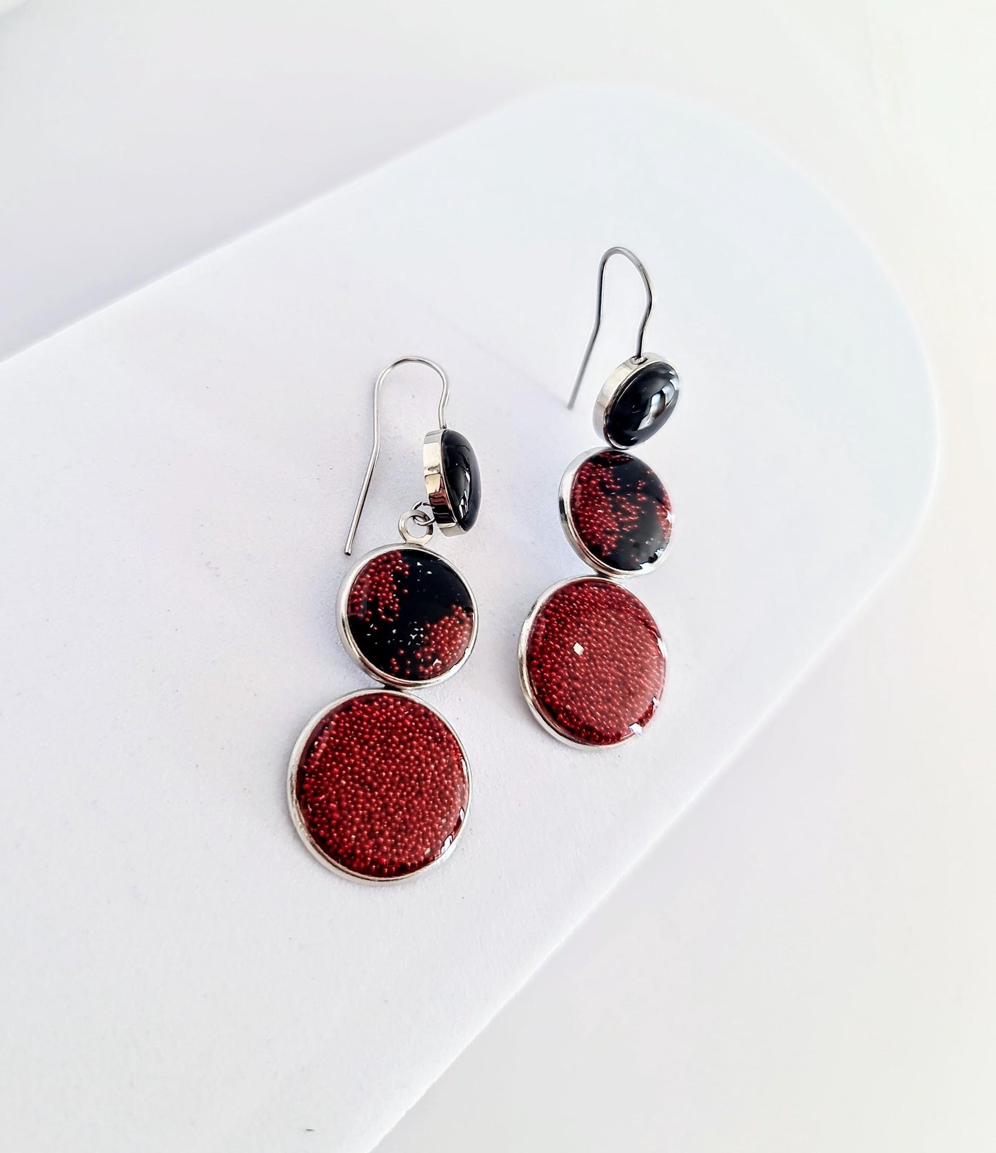 Red and Black Circle Drop Earrings, 3 Circle Design Bubble Bead Dangle Earrings, Statement Resin Hypoallergenic Handmade Earrings