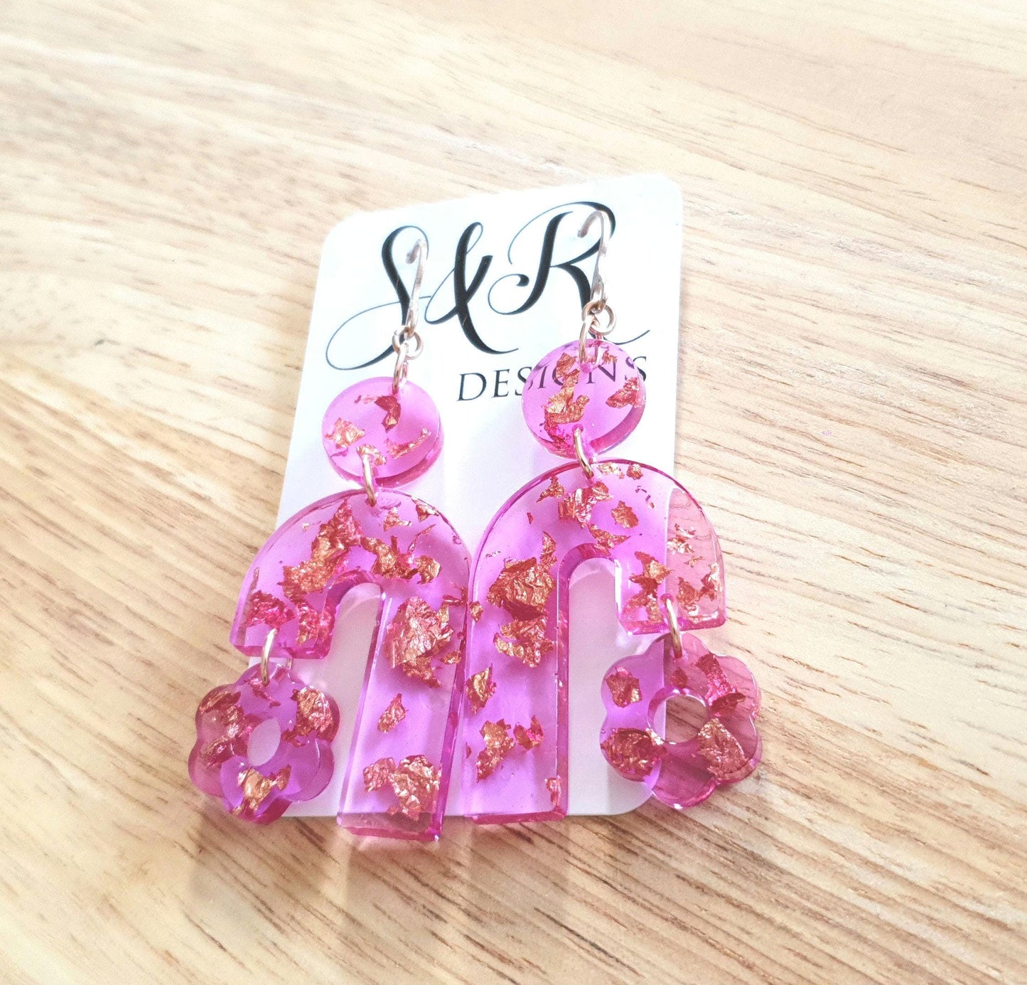 Lucid Pink Arch Dangles Flower Earrings, Pink Resin and Rosegold Leaf, Pink Flower Charm, Statement Stainless Steel Hypoallergenic Earrings