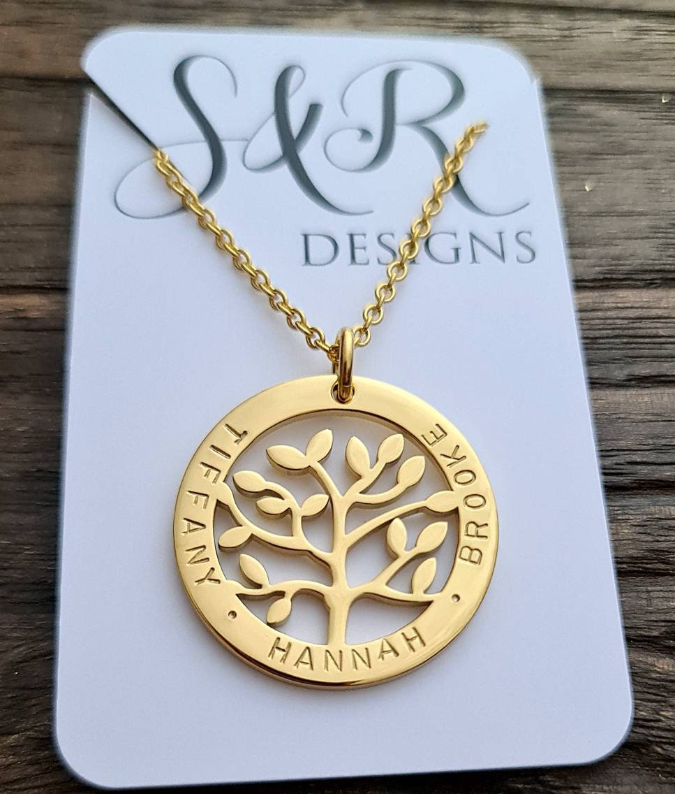Personalized Tree of Life Necklace, Hand Stamped Name Design Pendant, 18k Gold Stainless Steel. Mothers Day, Sister, Grandmother, Kids Names
