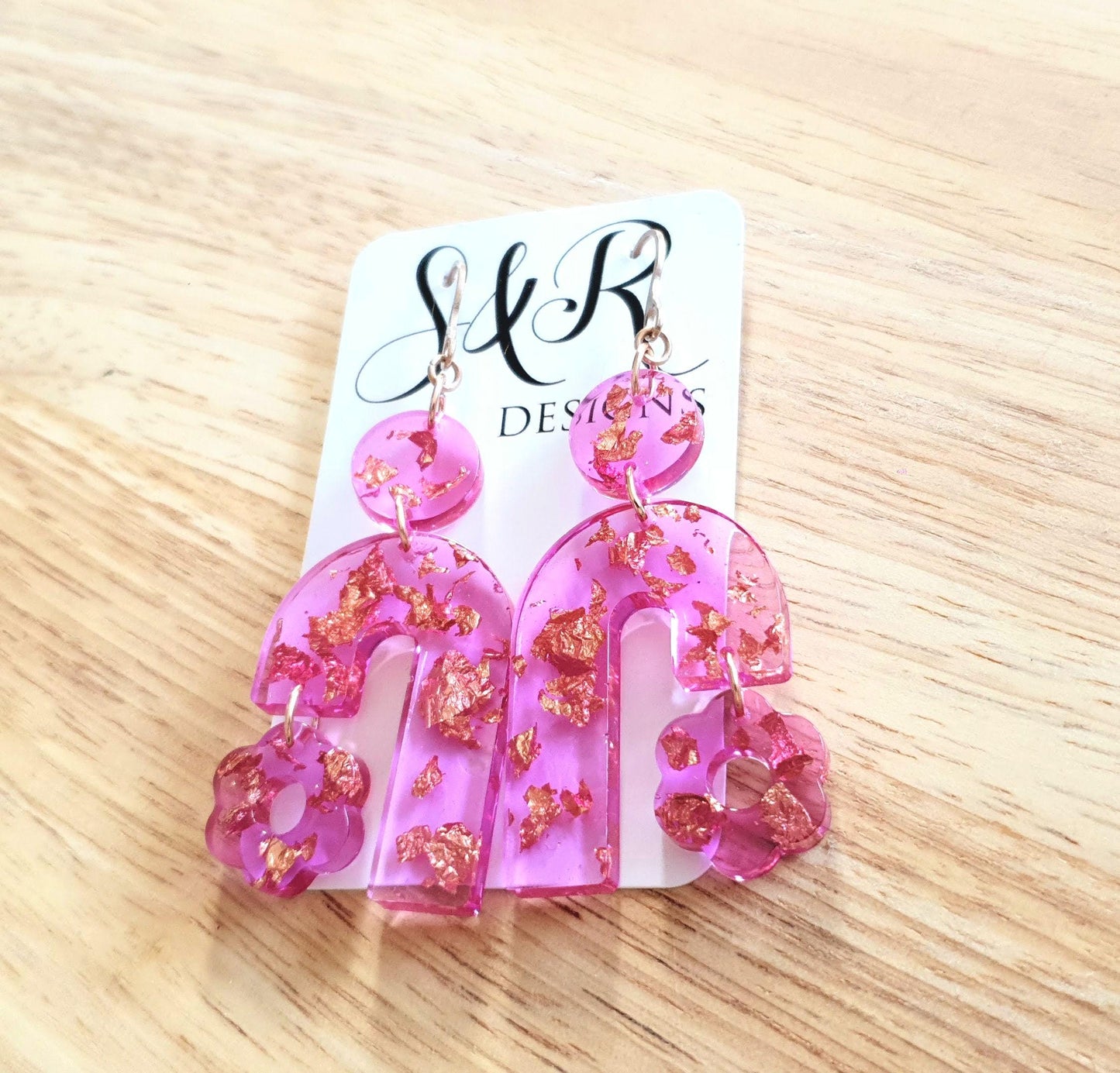 Lucid Pink Arch Dangles Flower Earrings, Pink Resin and Rosegold Leaf, Pink Flower Charm, Statement Stainless Steel Hypoallergenic Earrings